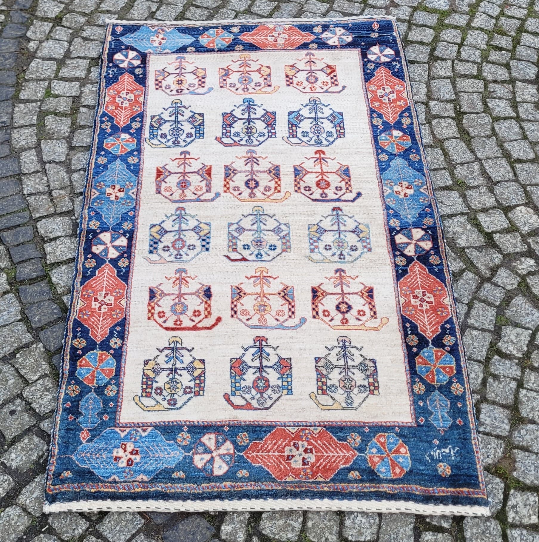 Dywan Lori Gabbeh 132x74 cm, beżowy czerwony niebieski żółty, wełna, Iran - 305373