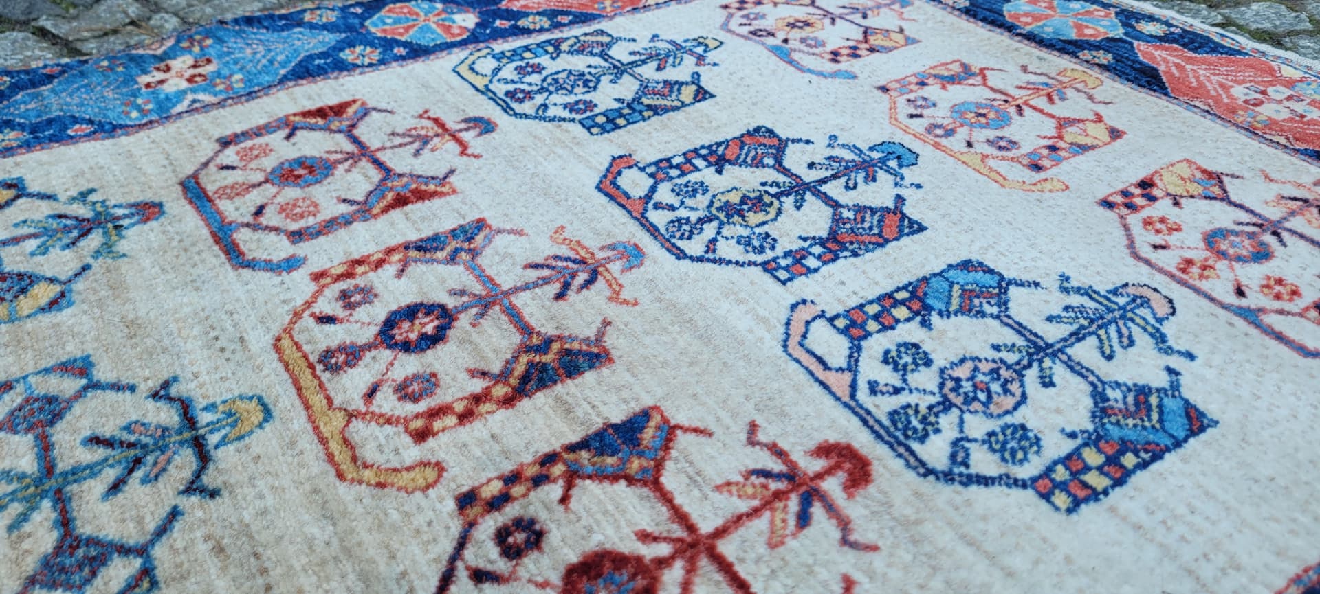 Dywan Lori Gabbeh 132x74 cm, beżowy czerwony niebieski żółty, wełna, Iran - 305374