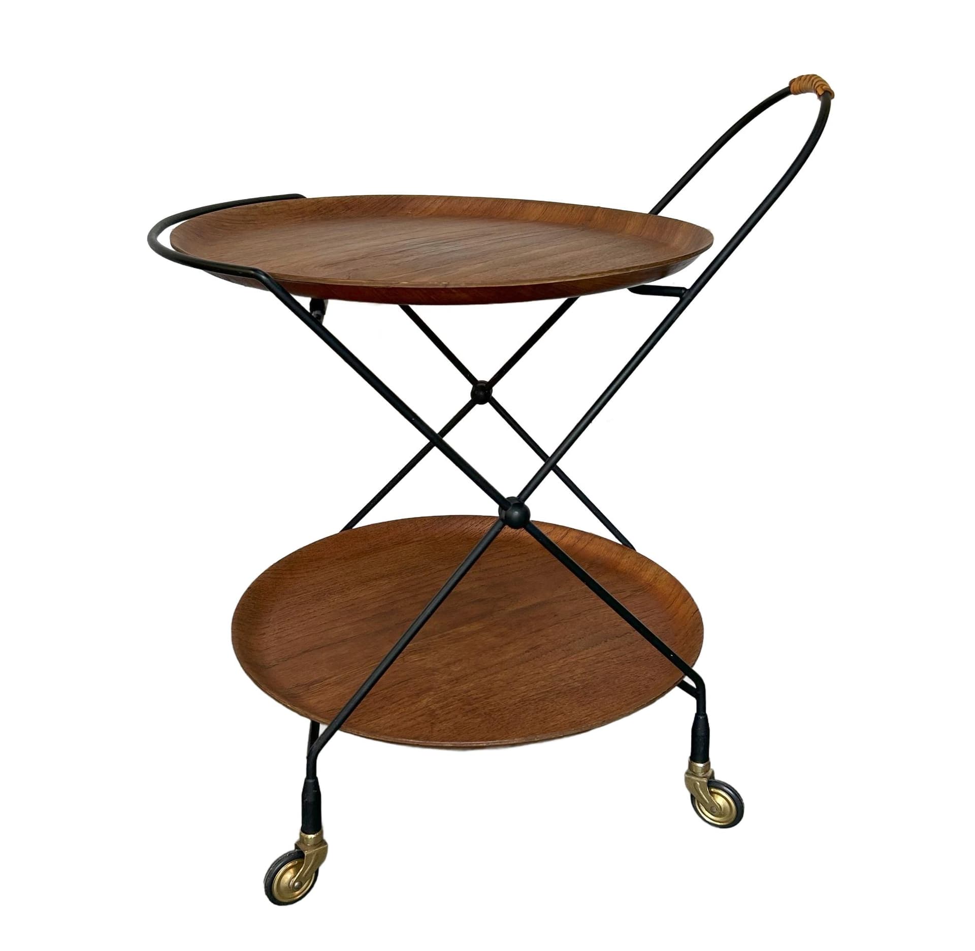 Bar cart, brown teak, black metal, Sweden, 1960s.