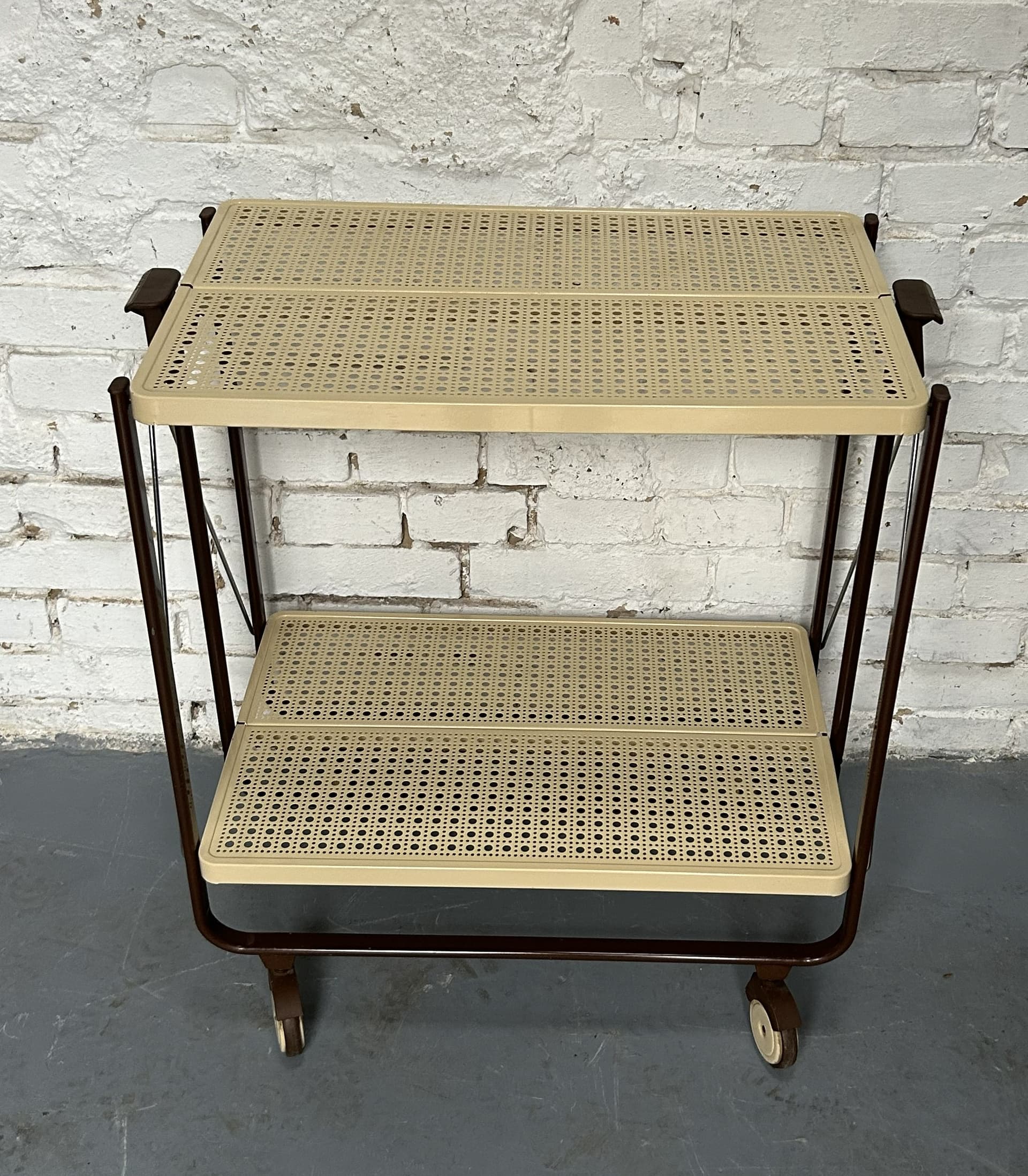 Folding bar cart, beige metal, brown metal, chrome, by L. L. Lepoix, Germany, 1980s. - 305394