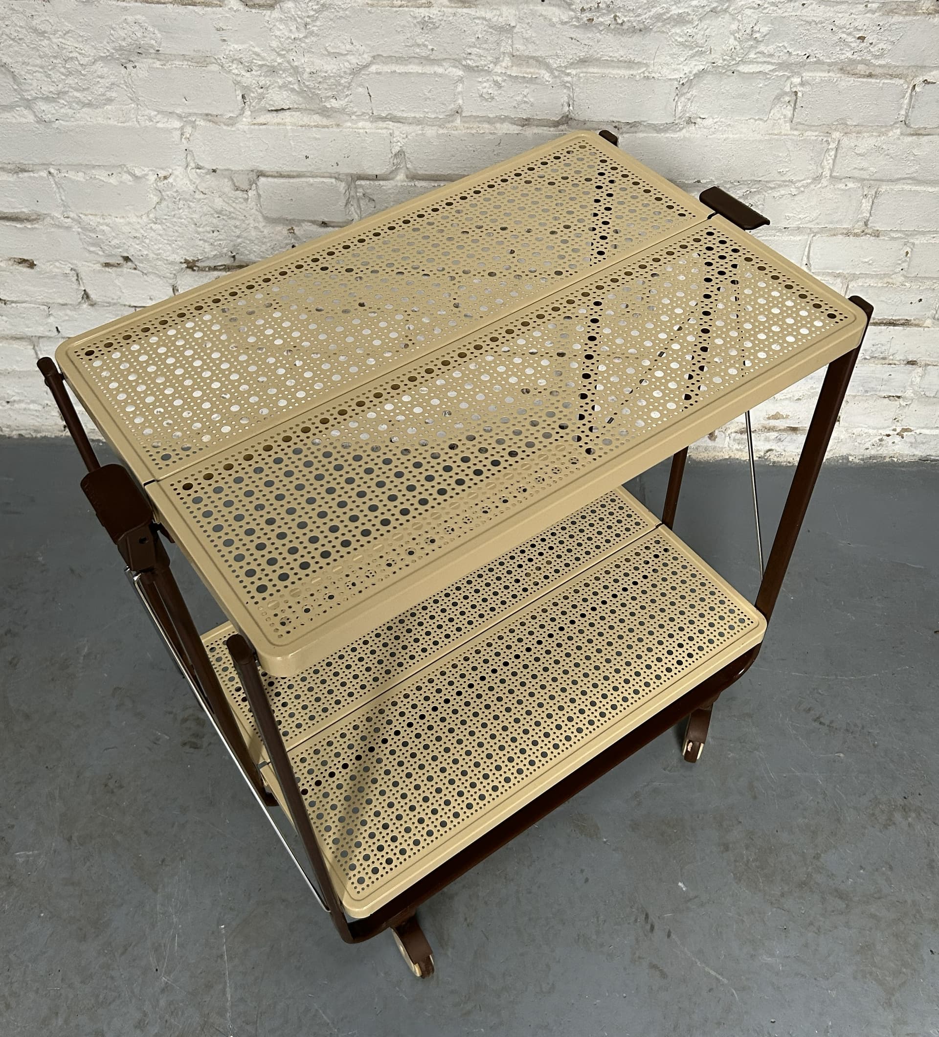 Folding bar cart, beige metal, brown metal, chrome, by L. L. Lepoix, Germany, 1980s. - 305402