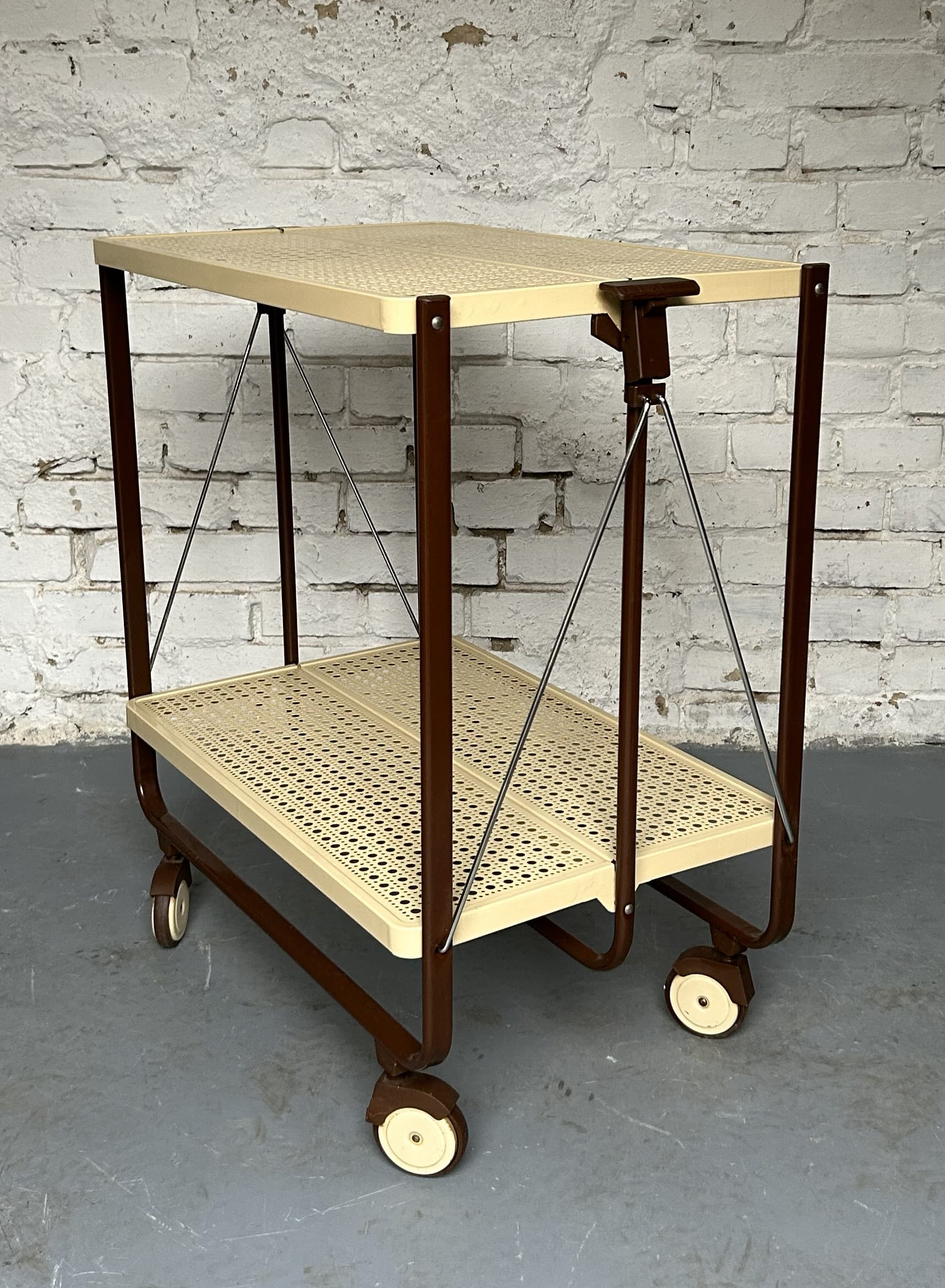 Folding bar cart, beige metal, brown metal, chrome, by L. L. Lepoix, Germany, 1980s. - 305397