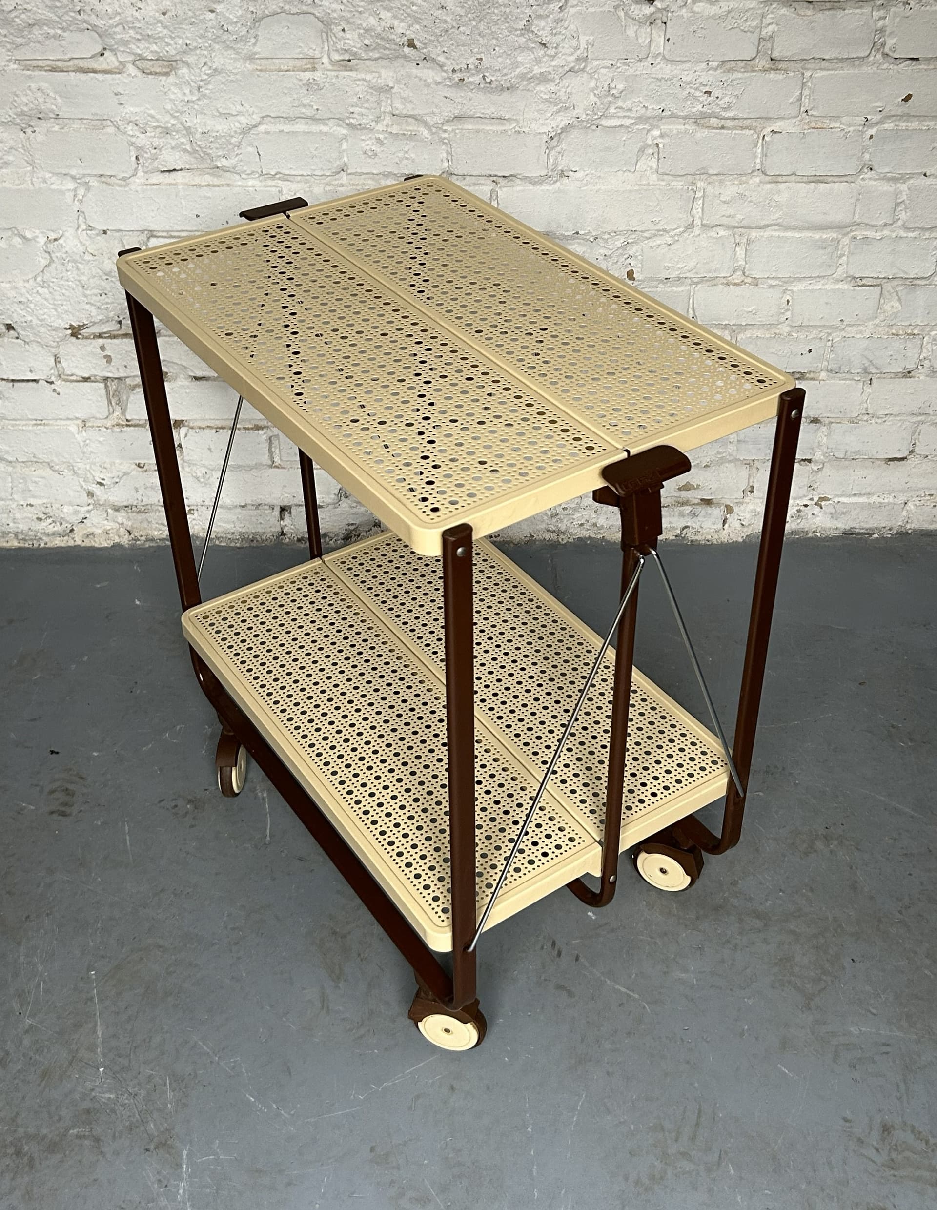 Folding bar cart, beige metal, brown metal, chrome, by L. L. Lepoix, Germany, 1980s. - 305399
