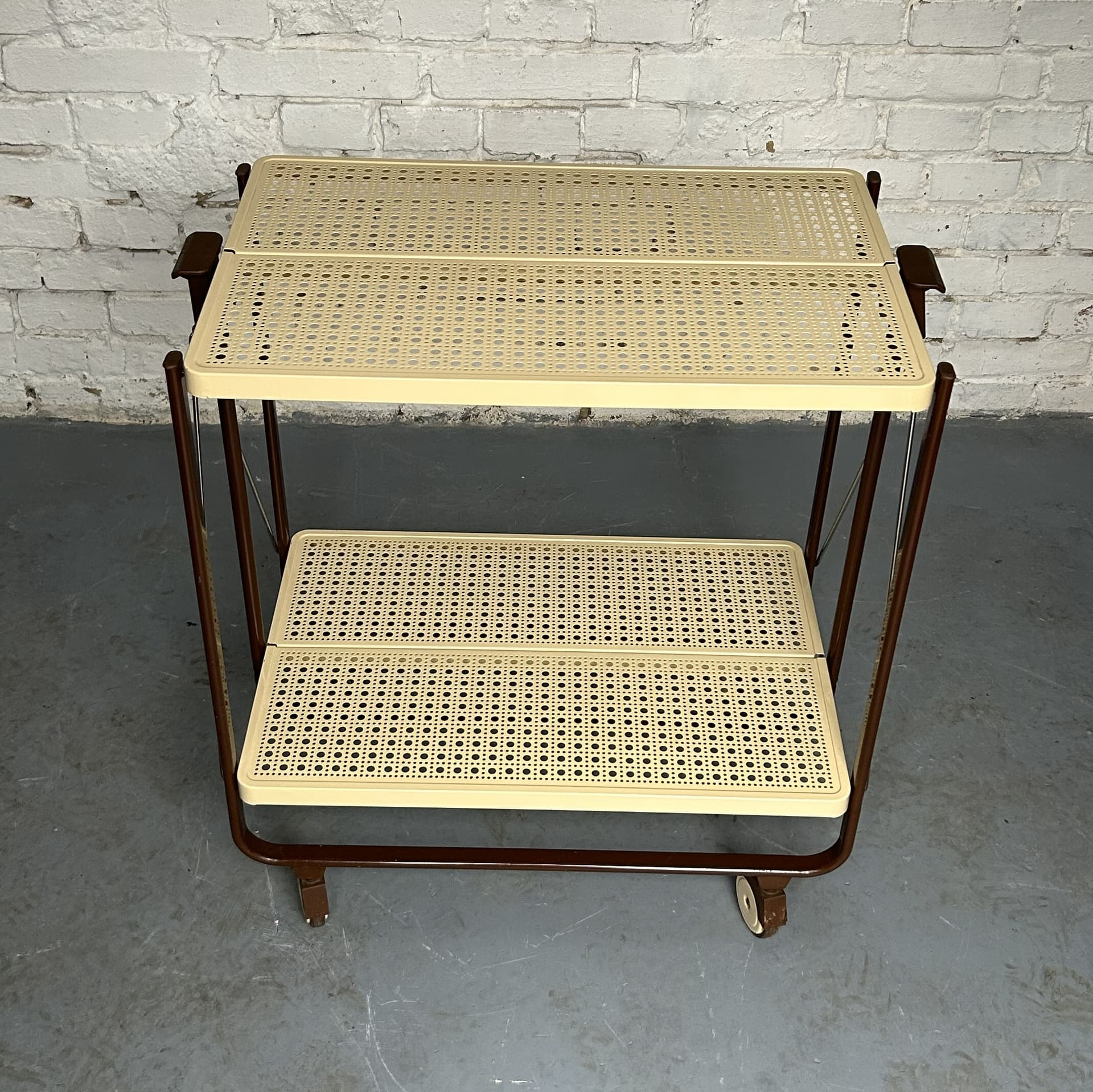 Folding bar cart, beige metal, brown metal, chrome, by L. L. Lepoix, Germany, 1980s. - 305395