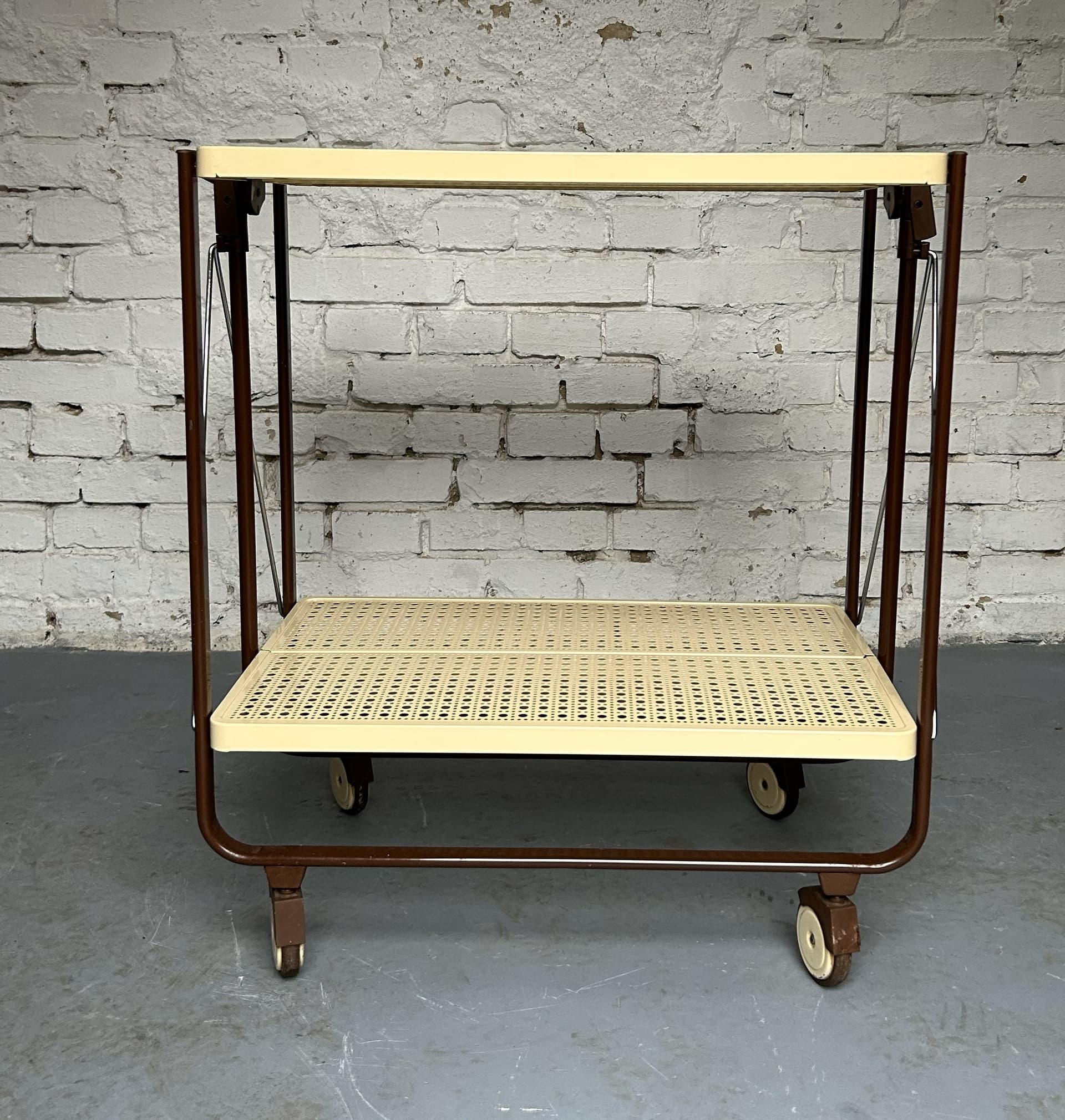 Folding bar cart, beige metal, brown metal, chrome, by L. L. Lepoix, Germany, 1980s. - 305396
