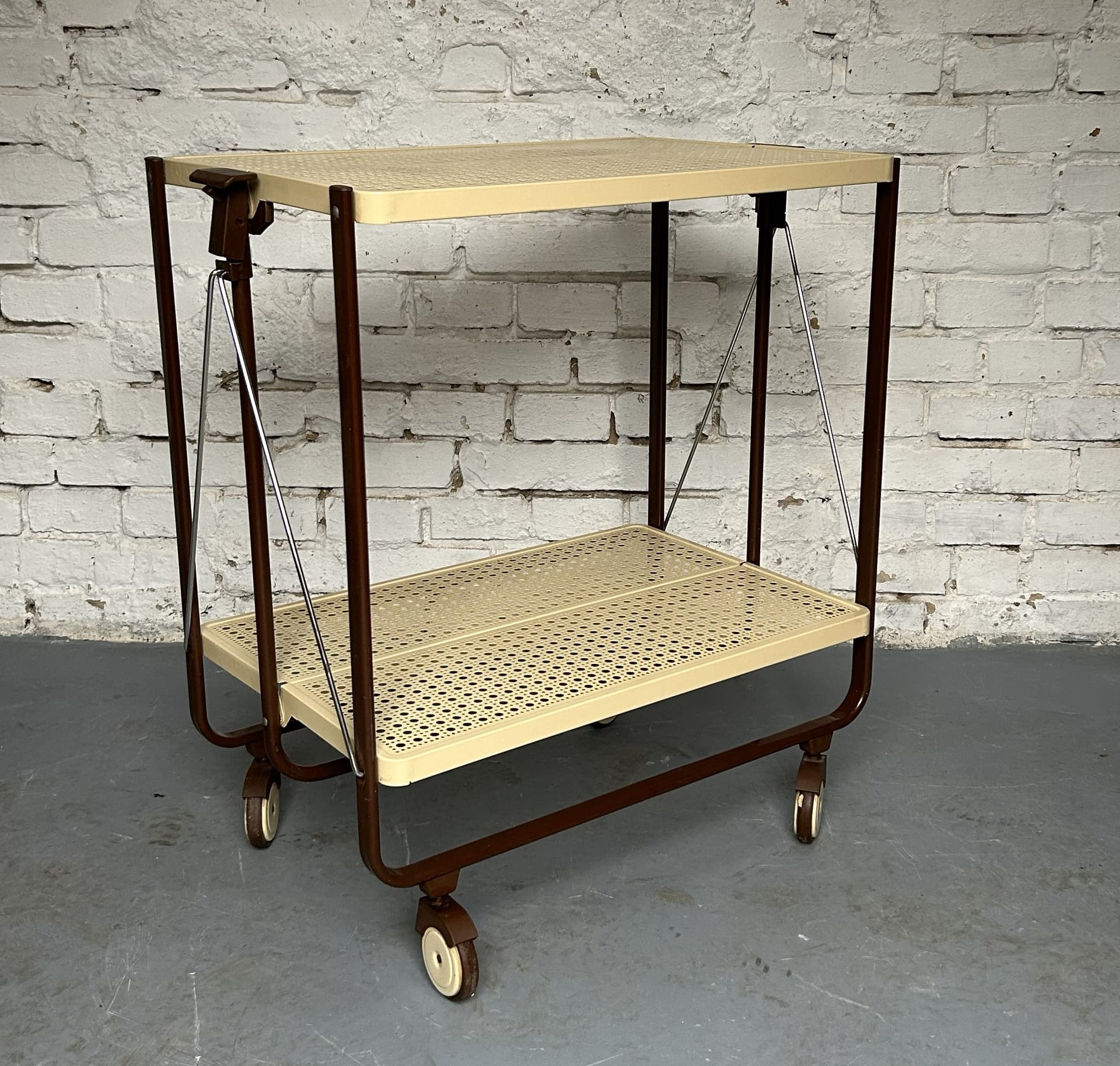 Folding bar cart, beige metal, brown metal, chrome, by L. L. Lepoix, Germany, 1980s. - 305398