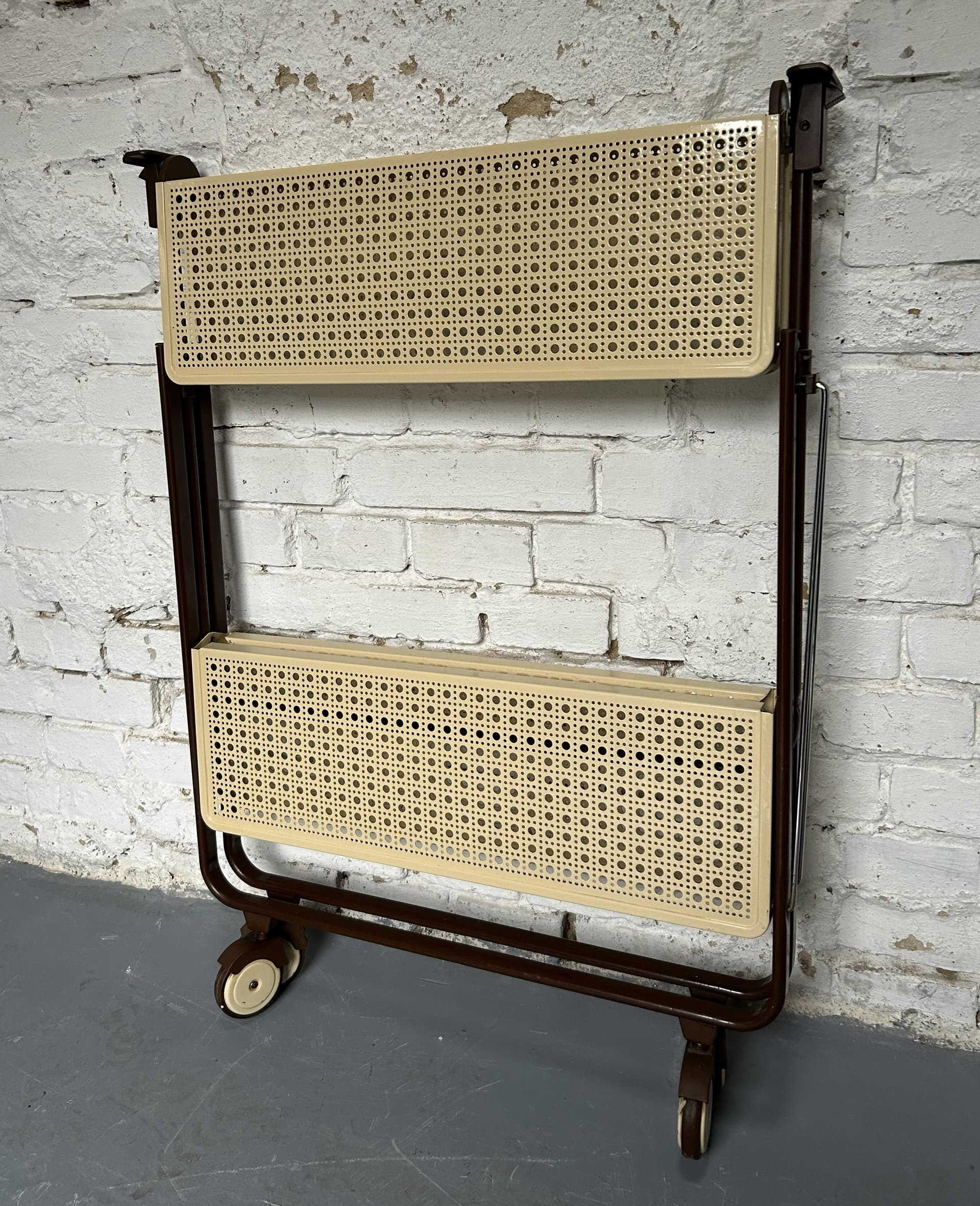 Folding bar cart, beige metal, brown metal, chrome, by L. L. Lepoix, Germany, 1980s. - 305401