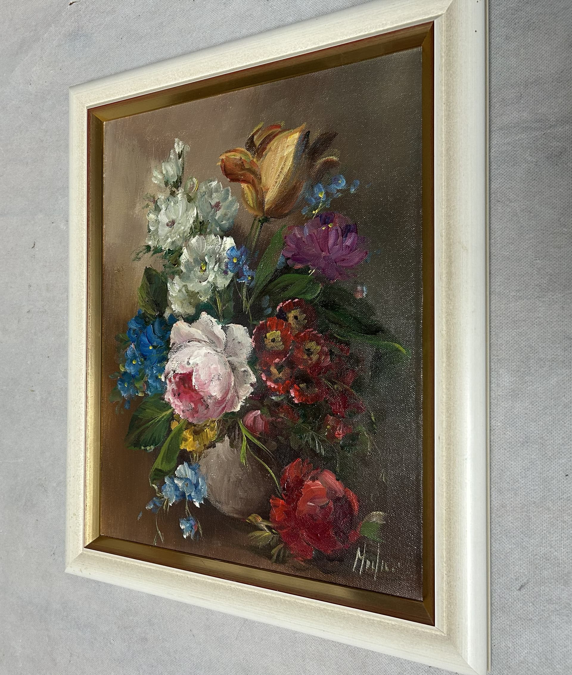 Obraz olejny na płótnie, martwa natura z kwiatami 38x48 cm, multikolor, płótno, drewno, aut. L. Medina - 305425