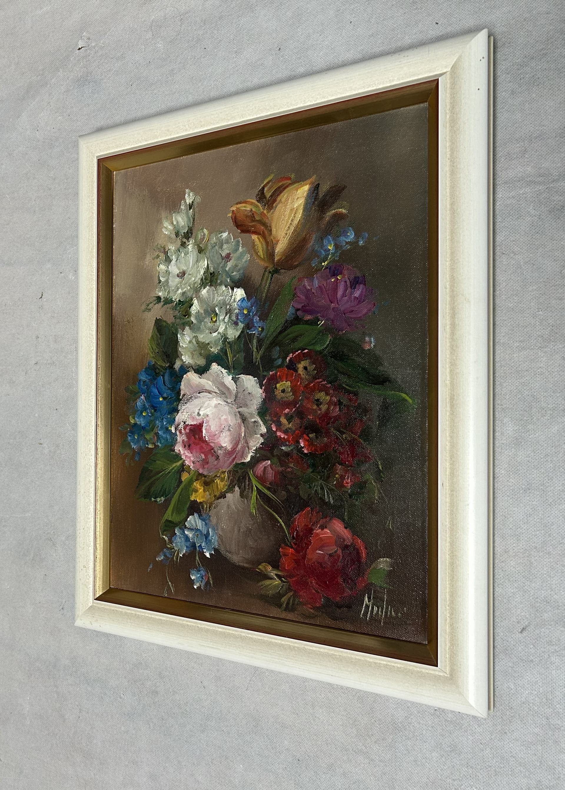 Obraz olejny na płótnie, martwa natura z kwiatami 38x48 cm, multikolor, płótno, drewno, aut. L. Medina - 305423