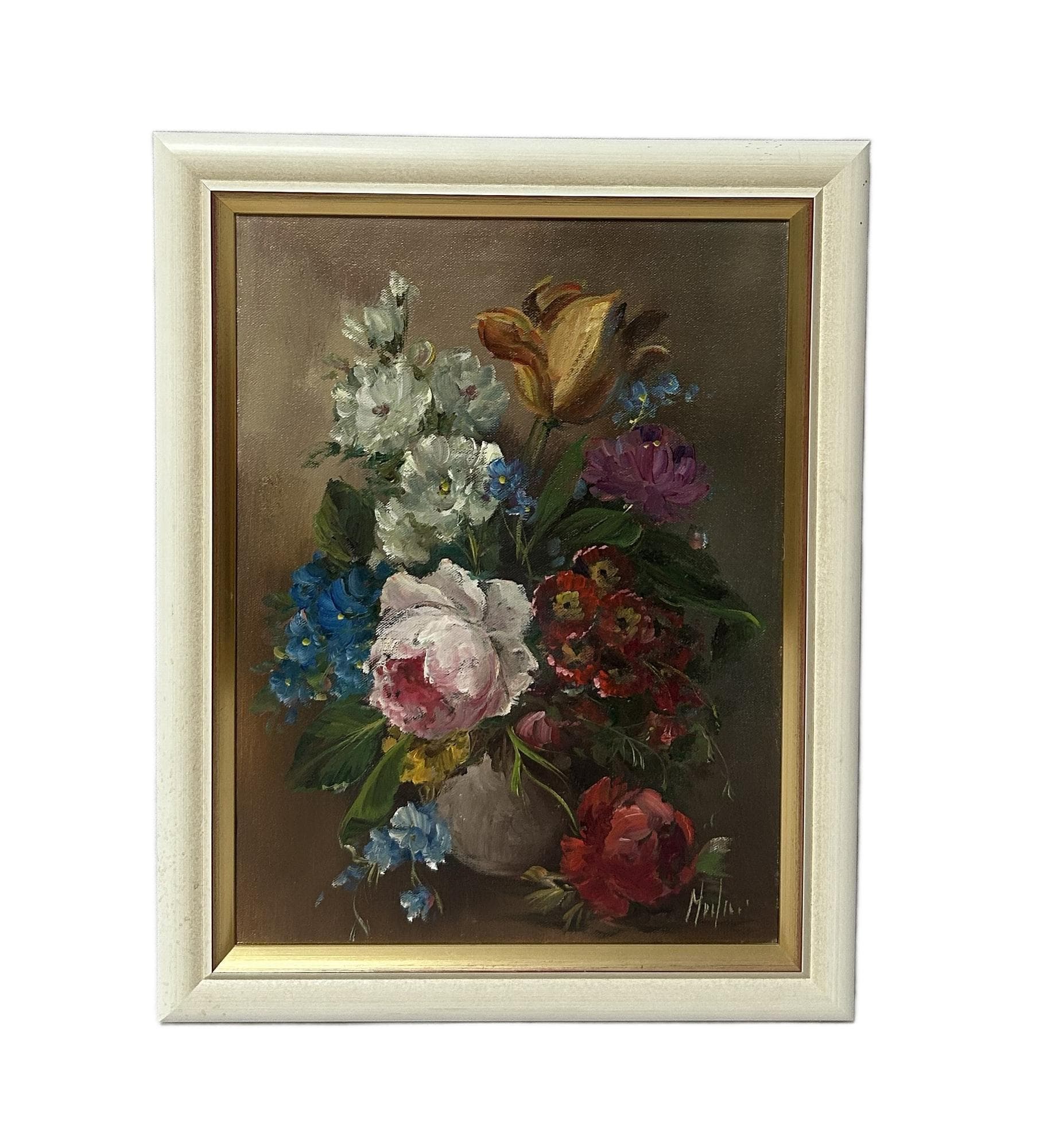 Obraz olejny na płótnie, martwa natura z kwiatami 38x48 cm, multikolor, płótno, drewno, aut. L. Medina