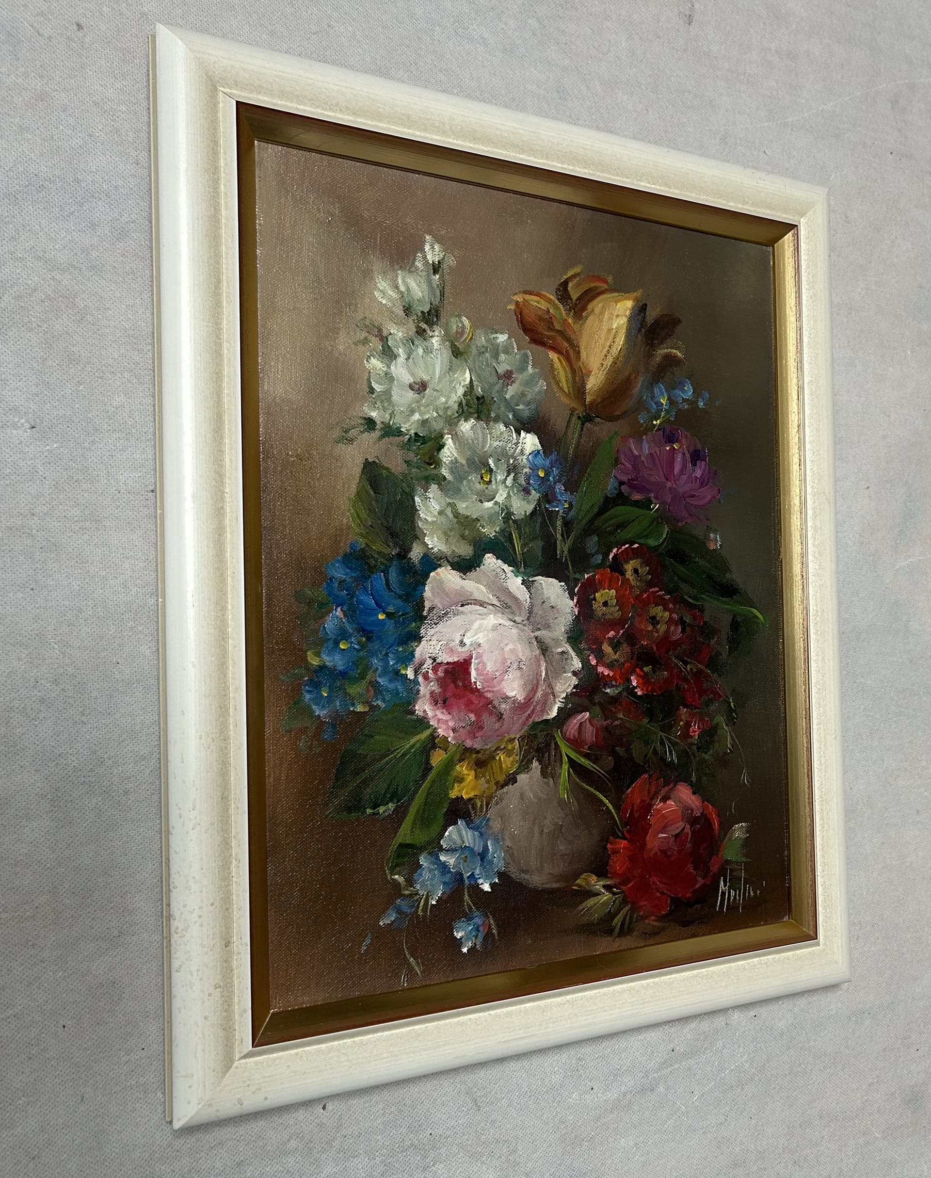 Obraz olejny na płótnie, martwa natura z kwiatami 38x48 cm, multikolor, płótno, drewno, aut. L. Medina - 305422