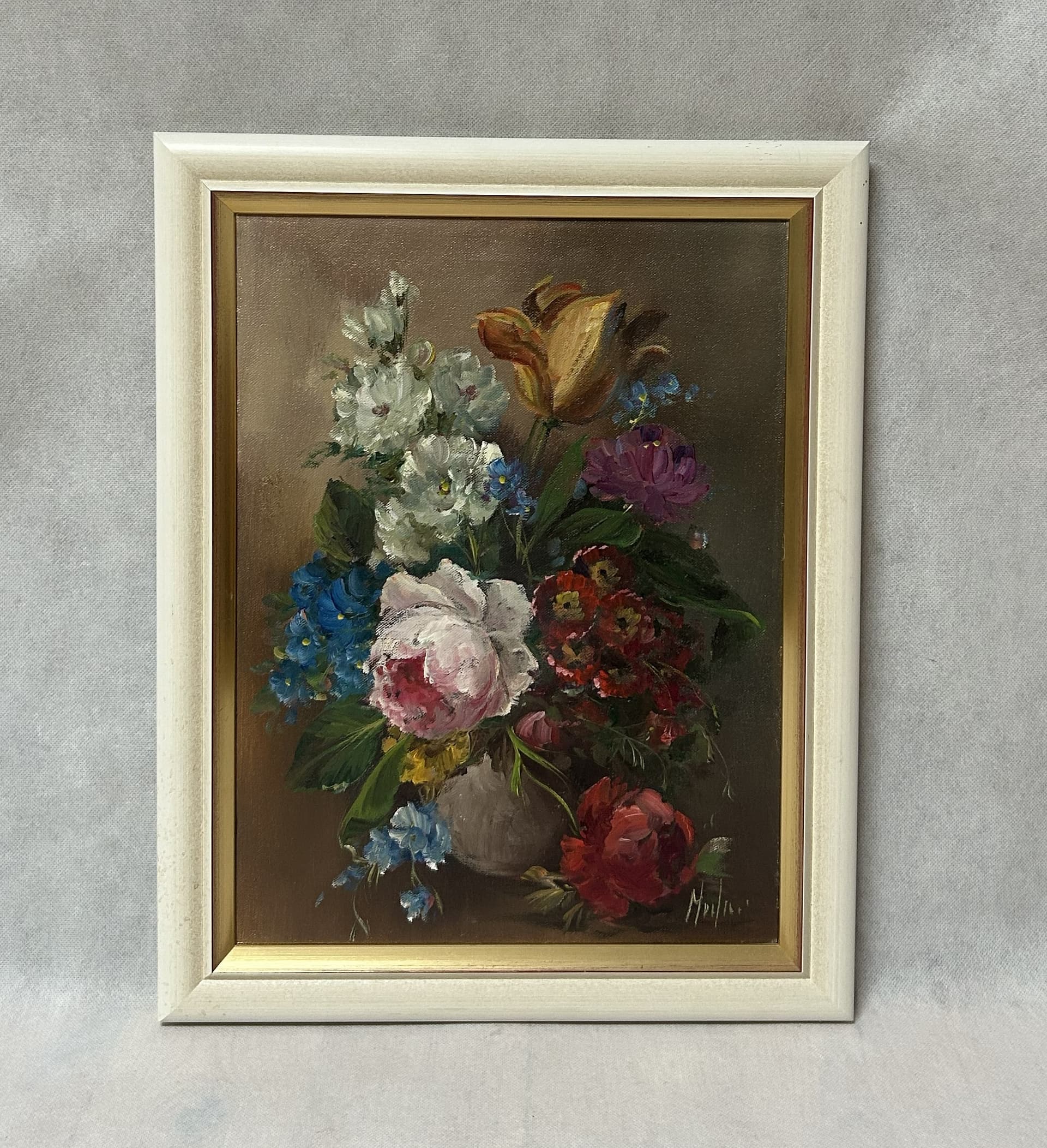 Obraz olejny na płótnie, martwa natura z kwiatami 38x48 cm, multikolor, płótno, drewno, aut. L. Medina - 305421