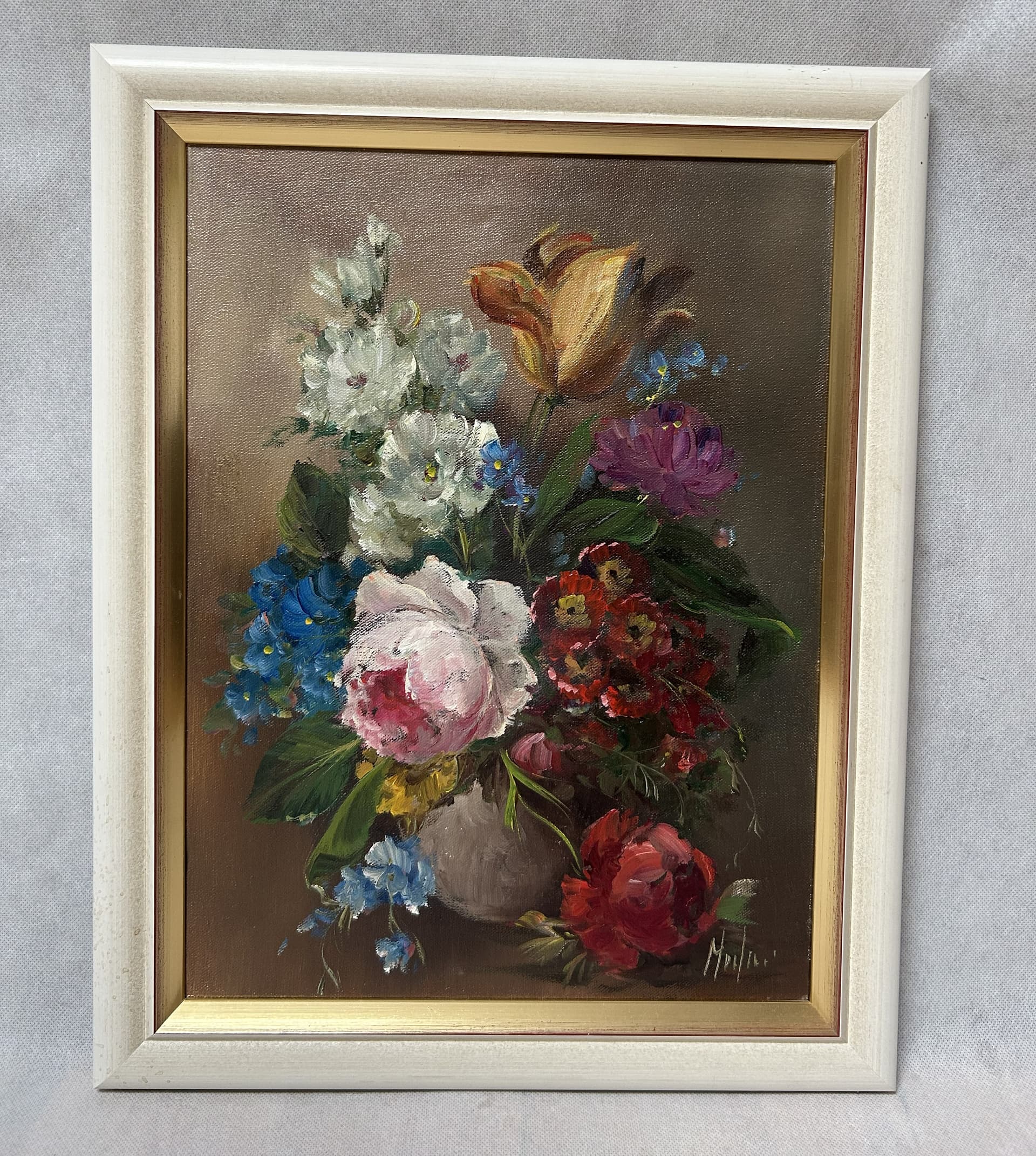 Obraz olejny na płótnie, martwa natura z kwiatami 38x48 cm, multikolor, płótno, drewno, aut. L. Medina - 305426