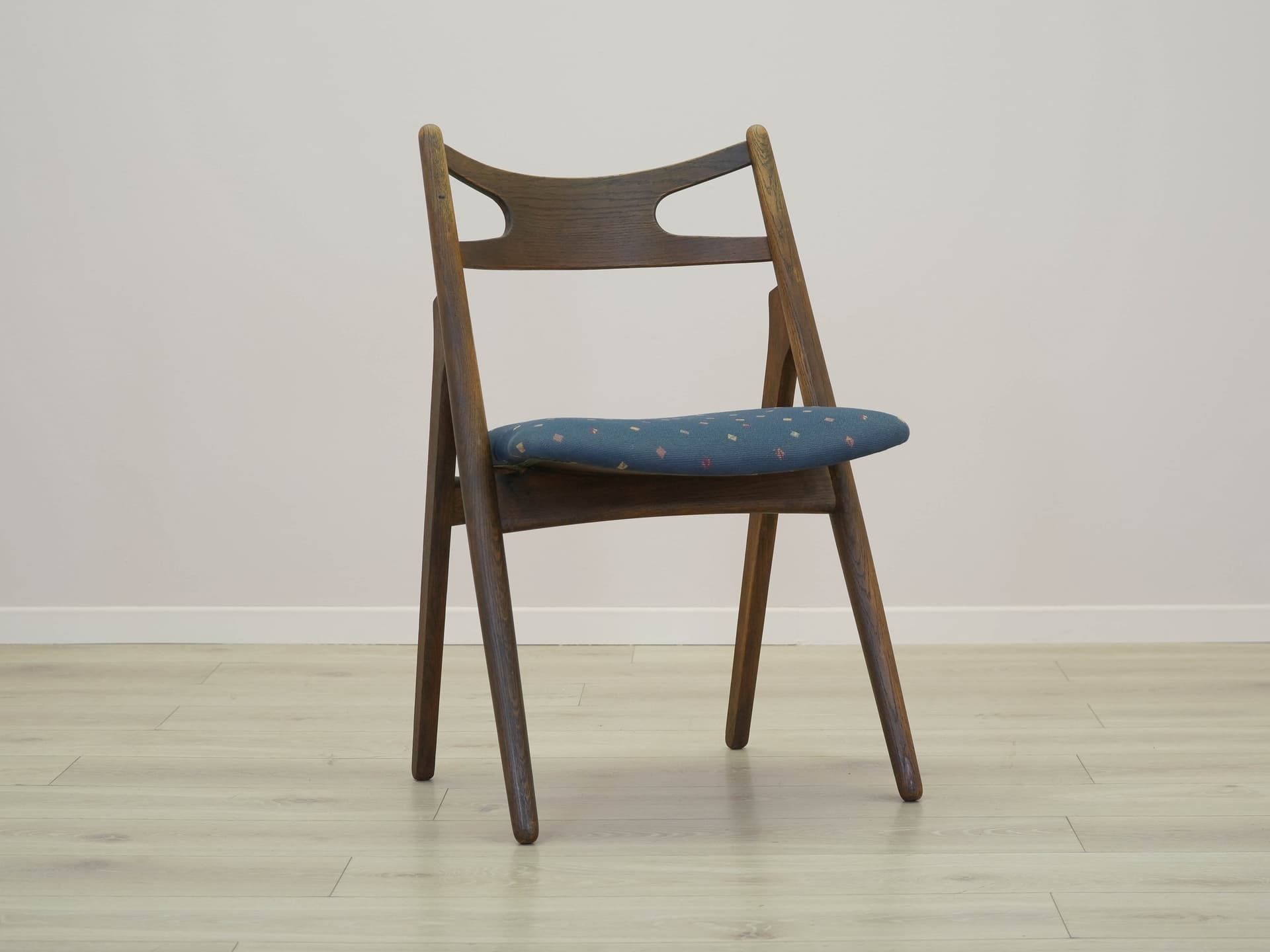 Set of four chairs, brown oak, blue fabric, by H. J. Wegner, Denmark, 1960s. - 305521