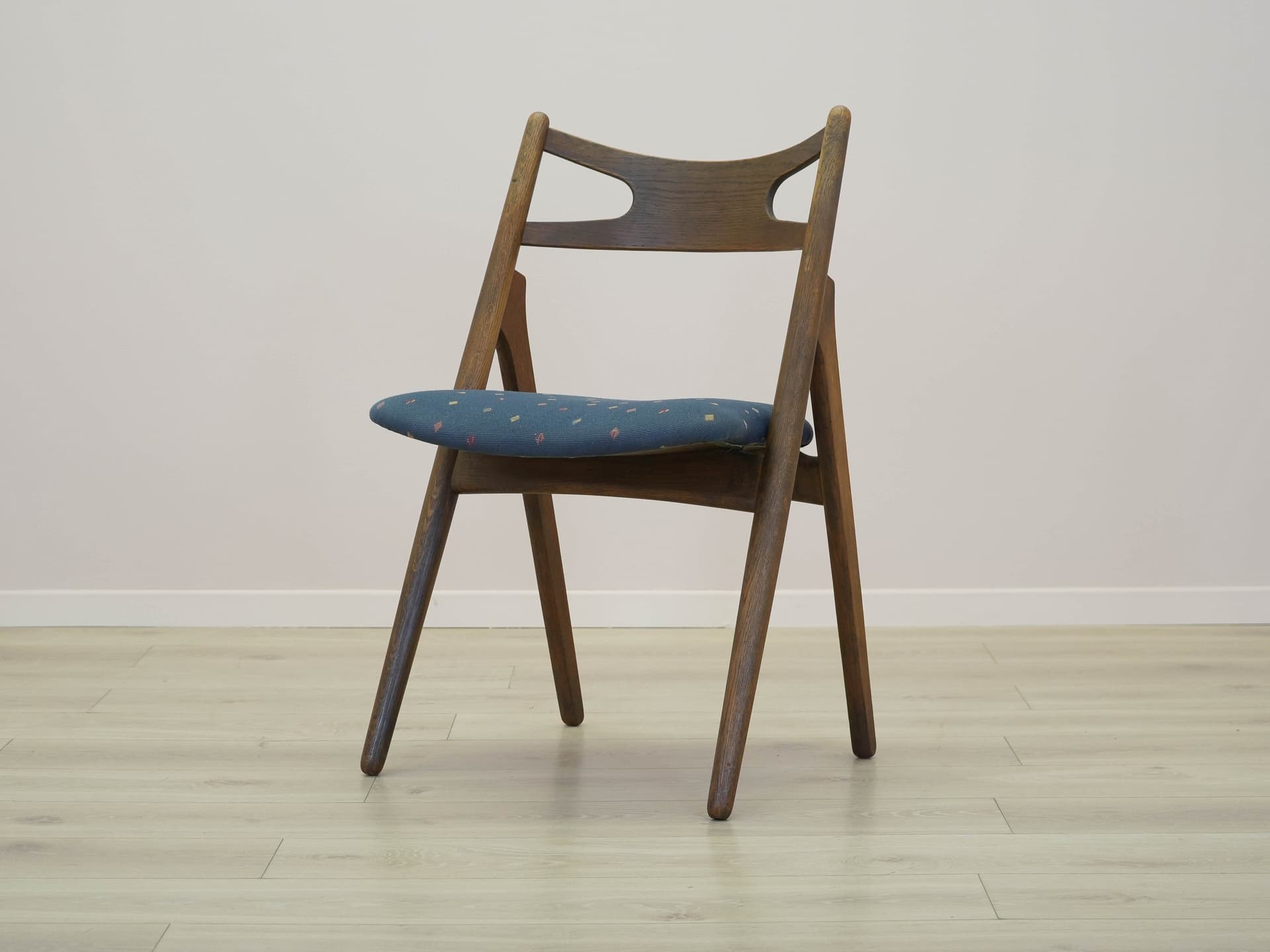 Set of four chairs, brown oak, blue fabric, by H. J. Wegner, Denmark, 1960s. - 305520