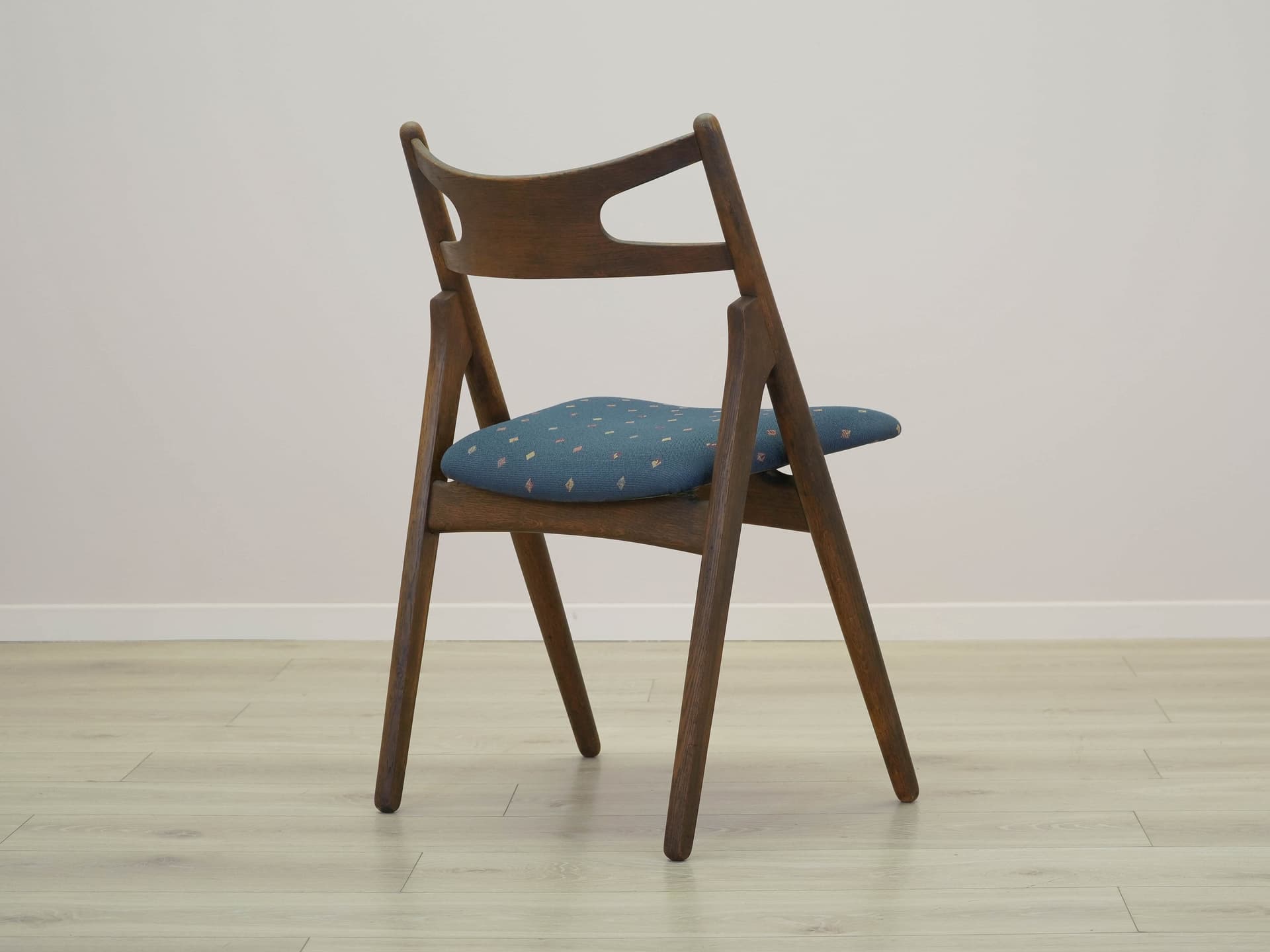 Set of four chairs, brown oak, blue fabric, by H. J. Wegner, Denmark, 1960s. - 305523
