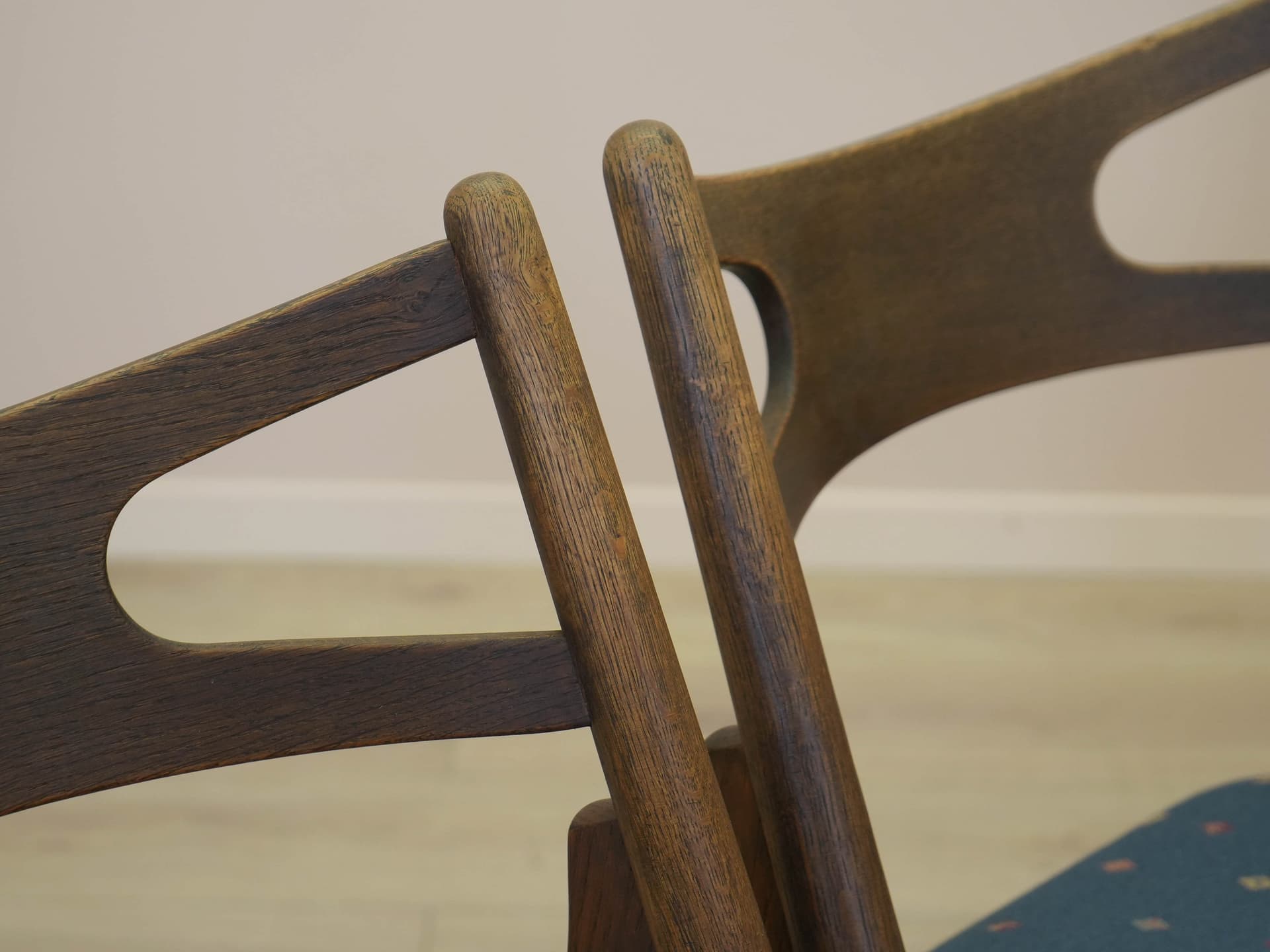 Set of four chairs, brown oak, blue fabric, by H. J. Wegner, Denmark, 1960s. - 305532