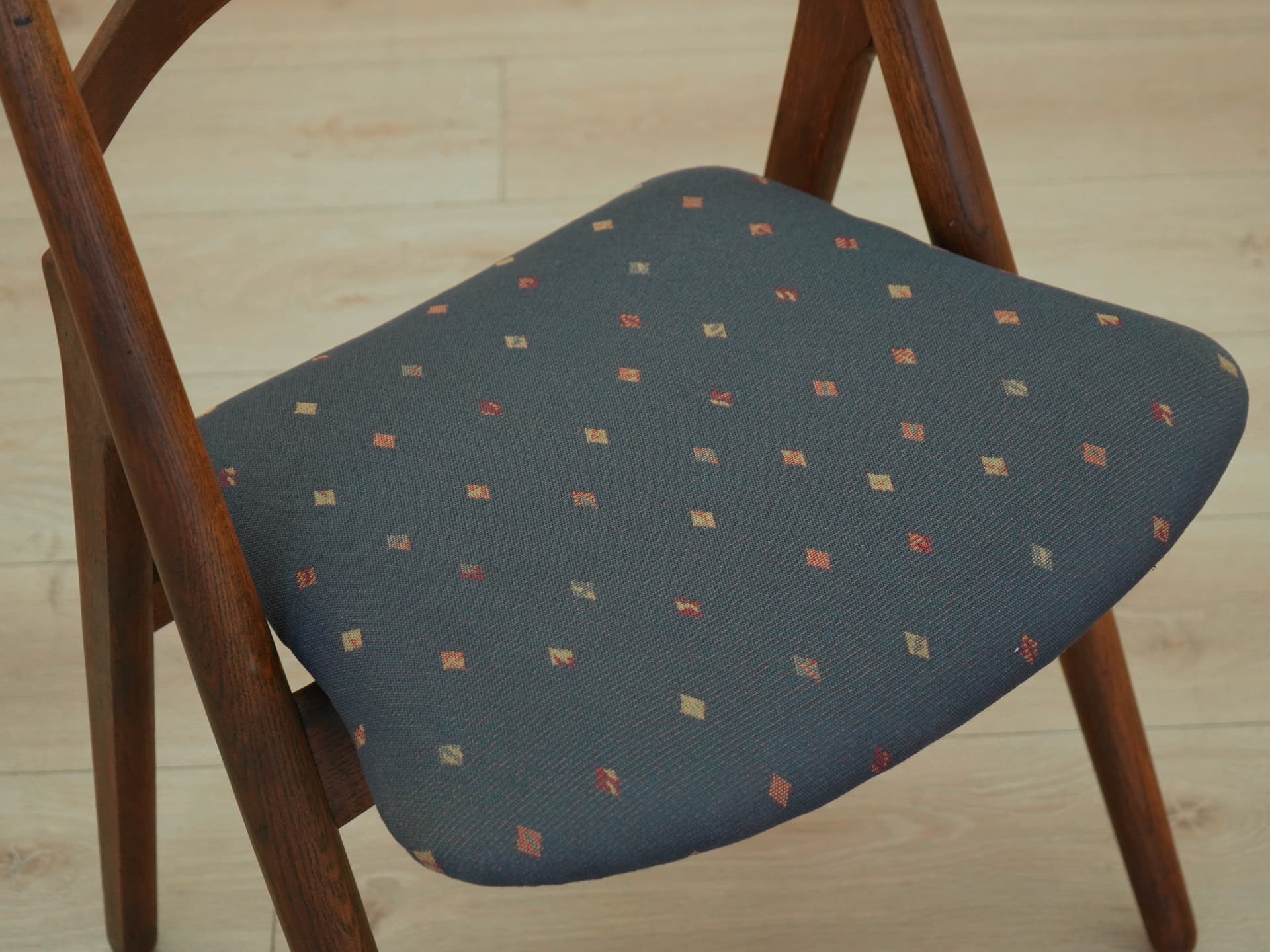 Set of four chairs, brown oak, blue fabric, by H. J. Wegner, Denmark, 1960s. - 305525