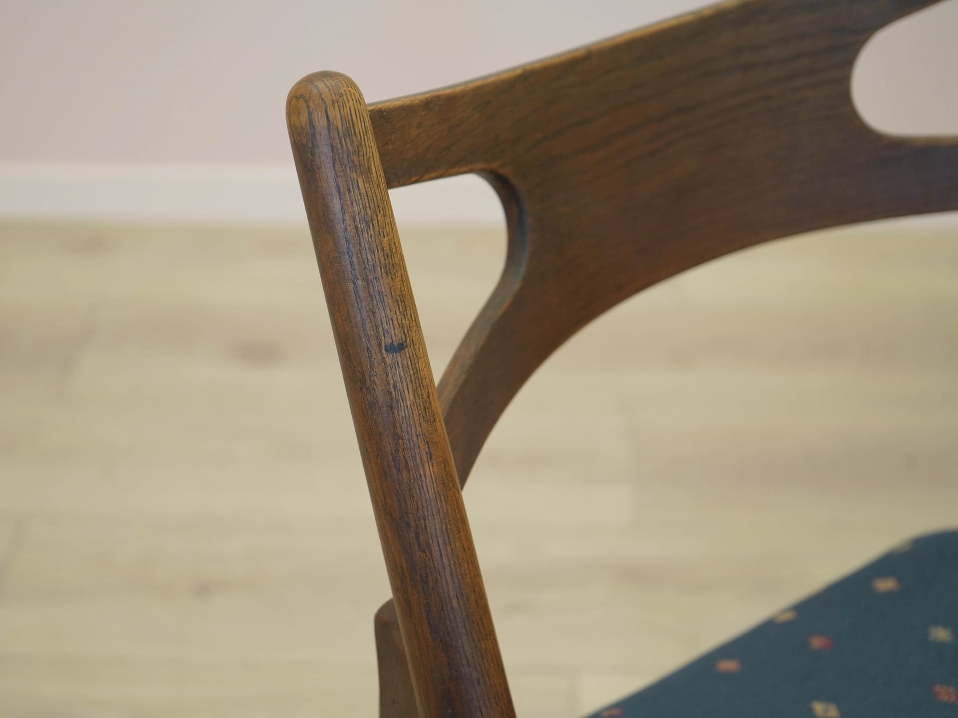 Set of four chairs, brown oak, blue fabric, by H. J. Wegner, Denmark, 1960s. - 305527
