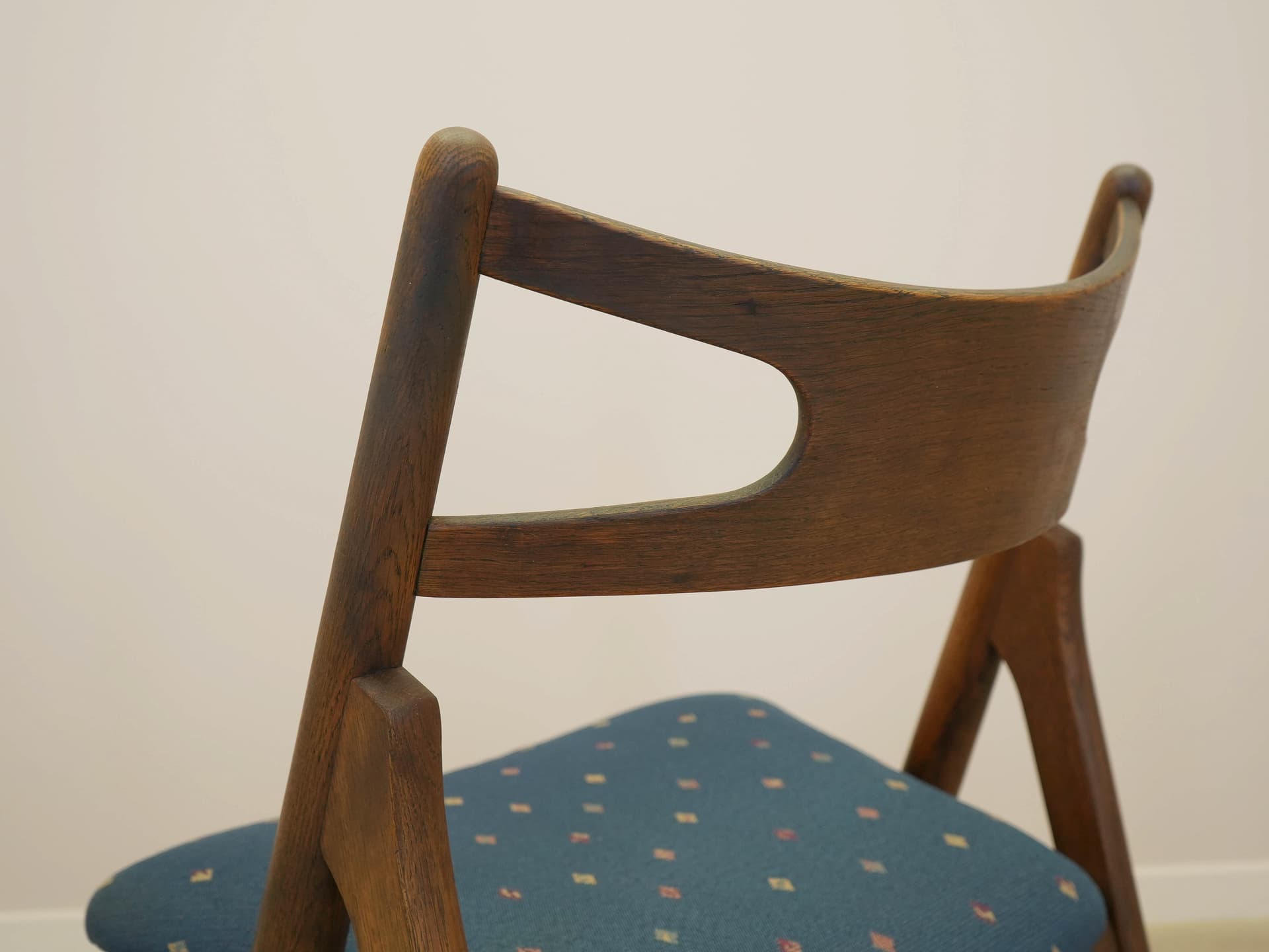 Set of four chairs, brown oak, blue fabric, by H. J. Wegner, Denmark, 1960s. - 305529