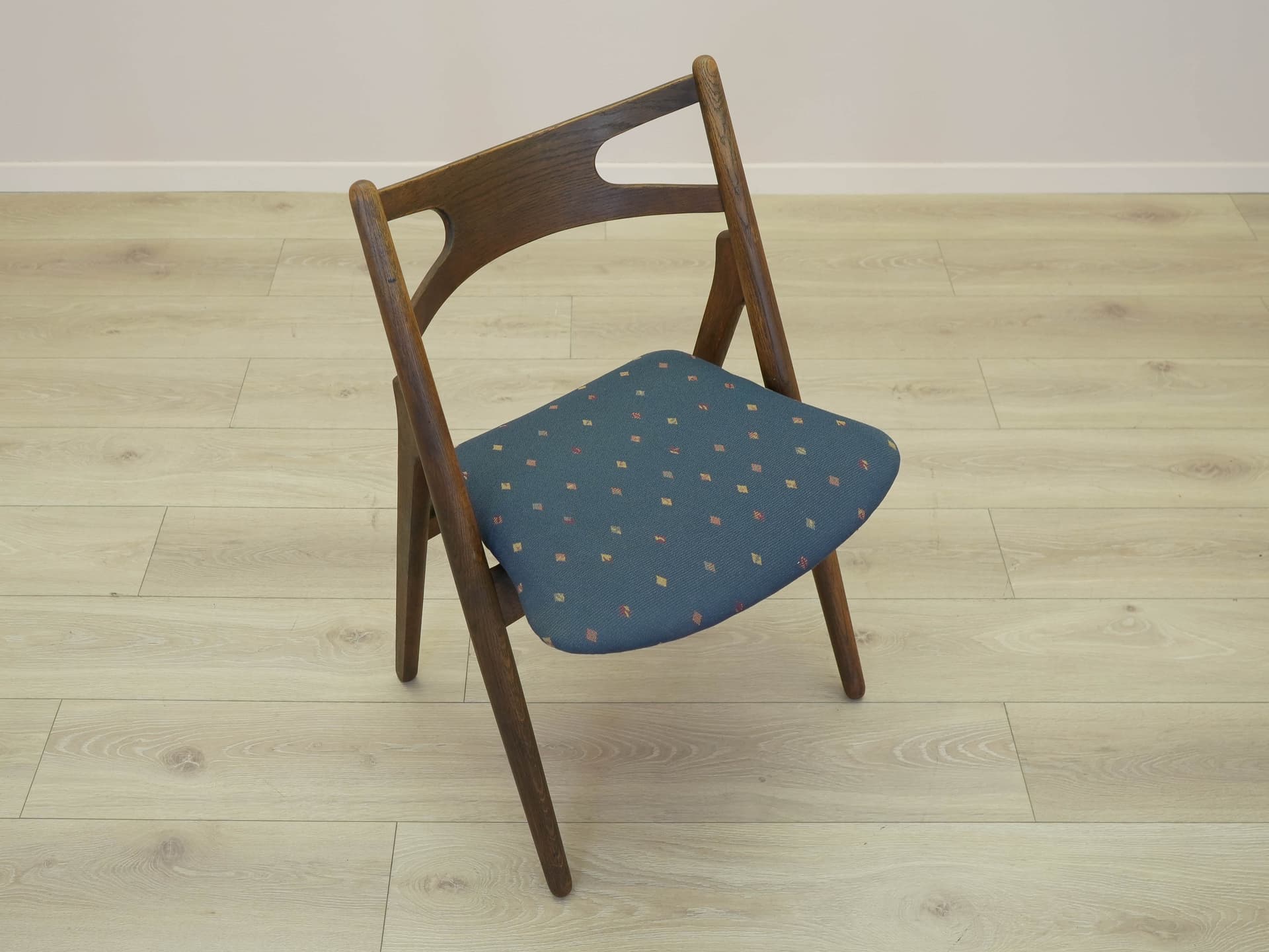 Set of four chairs, brown oak, blue fabric, by H. J. Wegner, Denmark, 1960s. - 305524