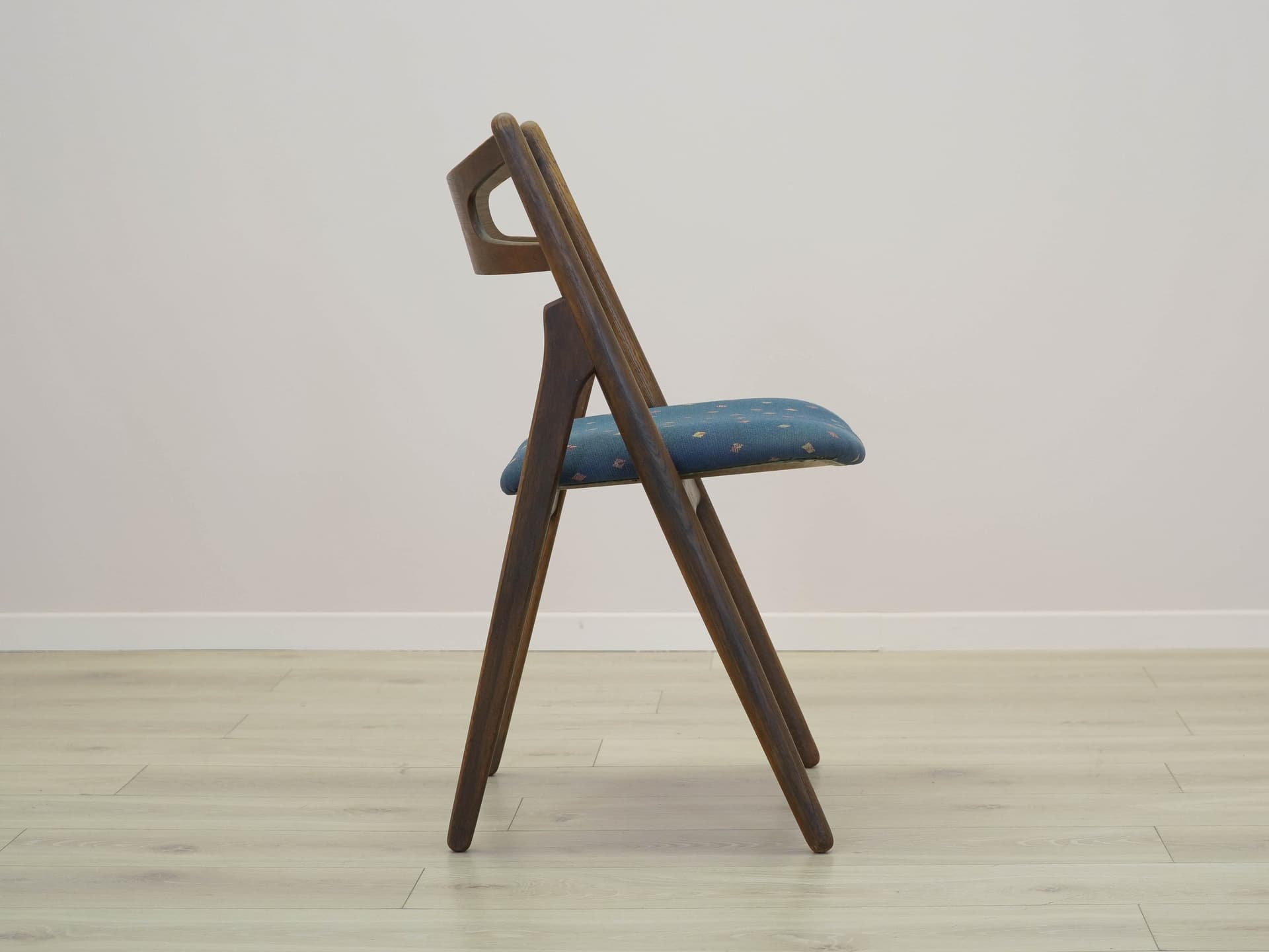 Set of four chairs, brown oak, blue fabric, by H. J. Wegner, Denmark, 1960s. - 305522