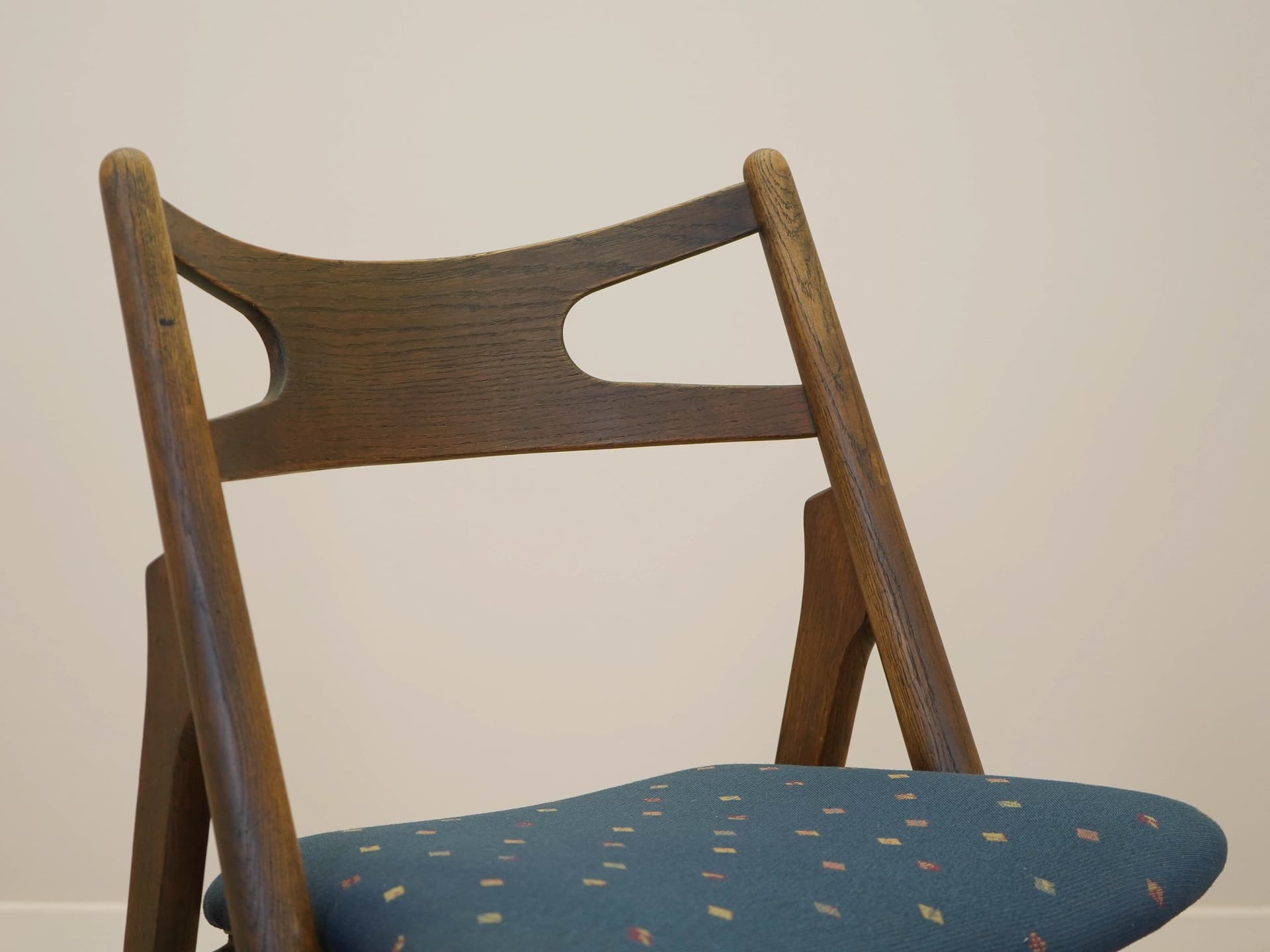 Set of four chairs, brown oak, blue fabric, by H. J. Wegner, Denmark, 1960s. - 305526