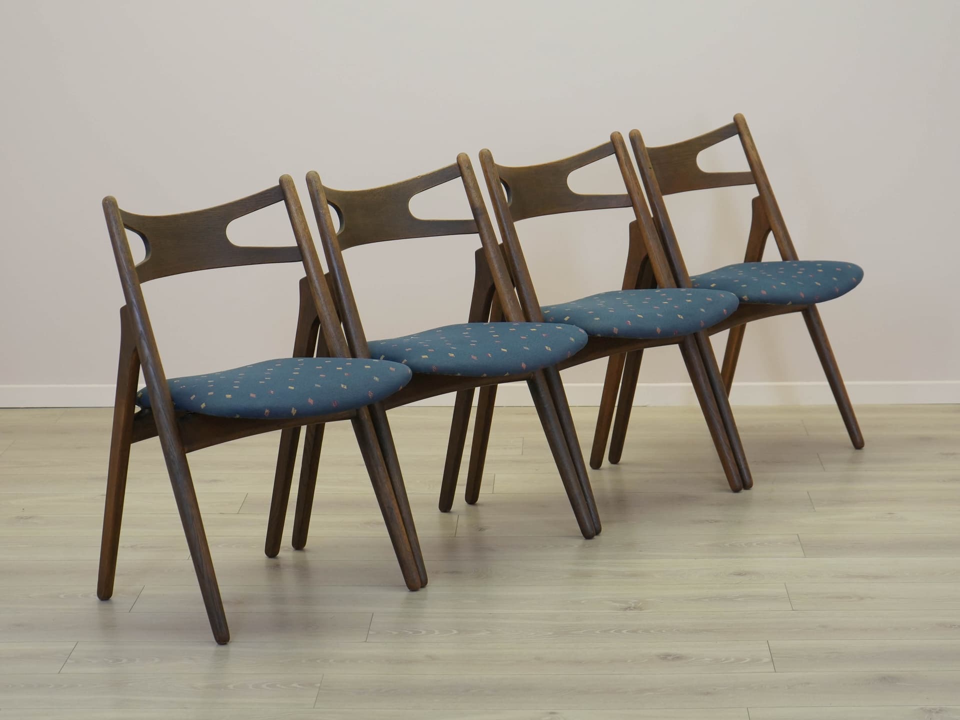 Set of four chairs, brown oak, blue fabric, by H. J. Wegner, Denmark, 1960s. - 305531