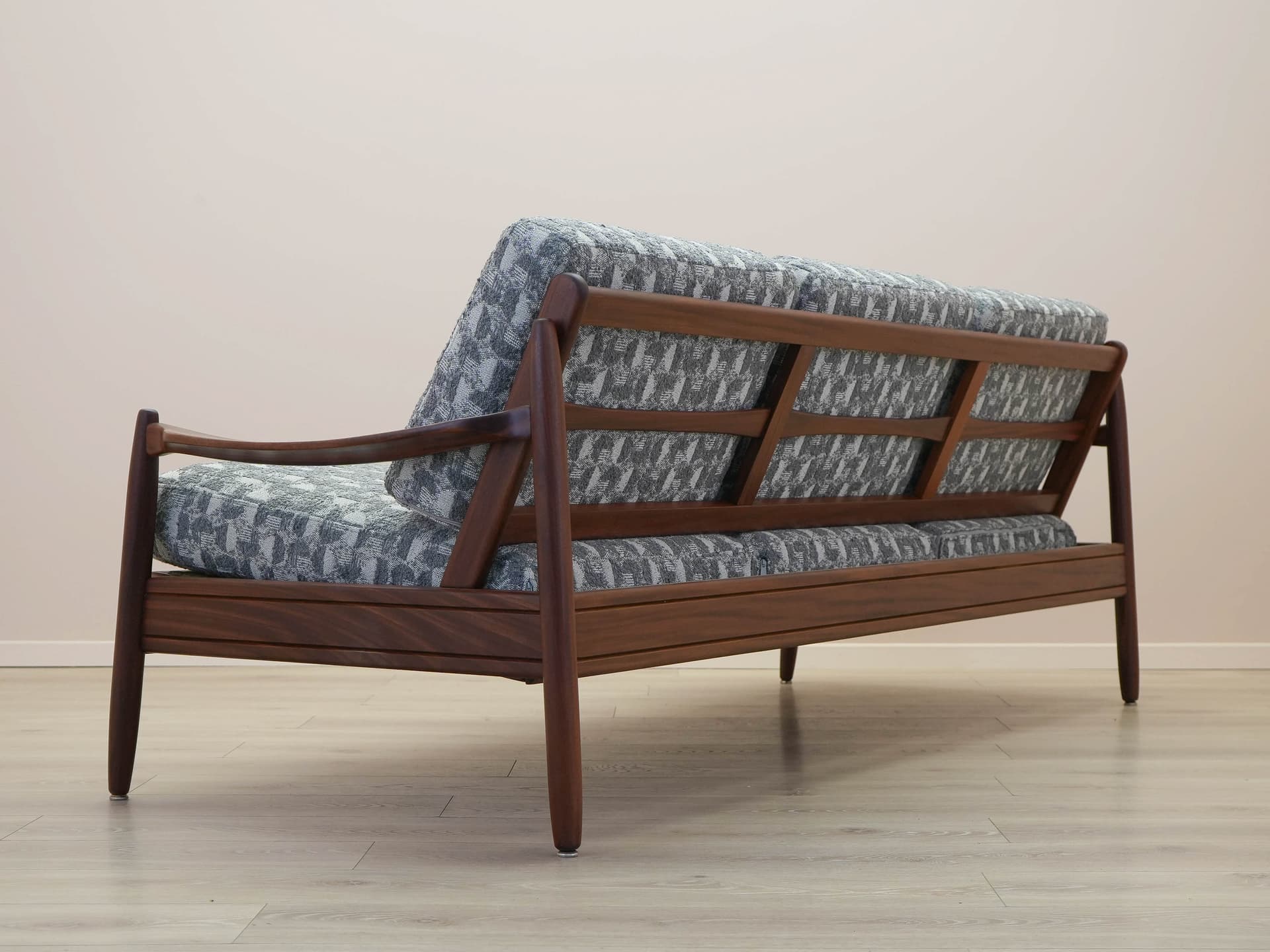 Sofa, brown teak, grey white fabric, Denmark, 1970s. - 305542