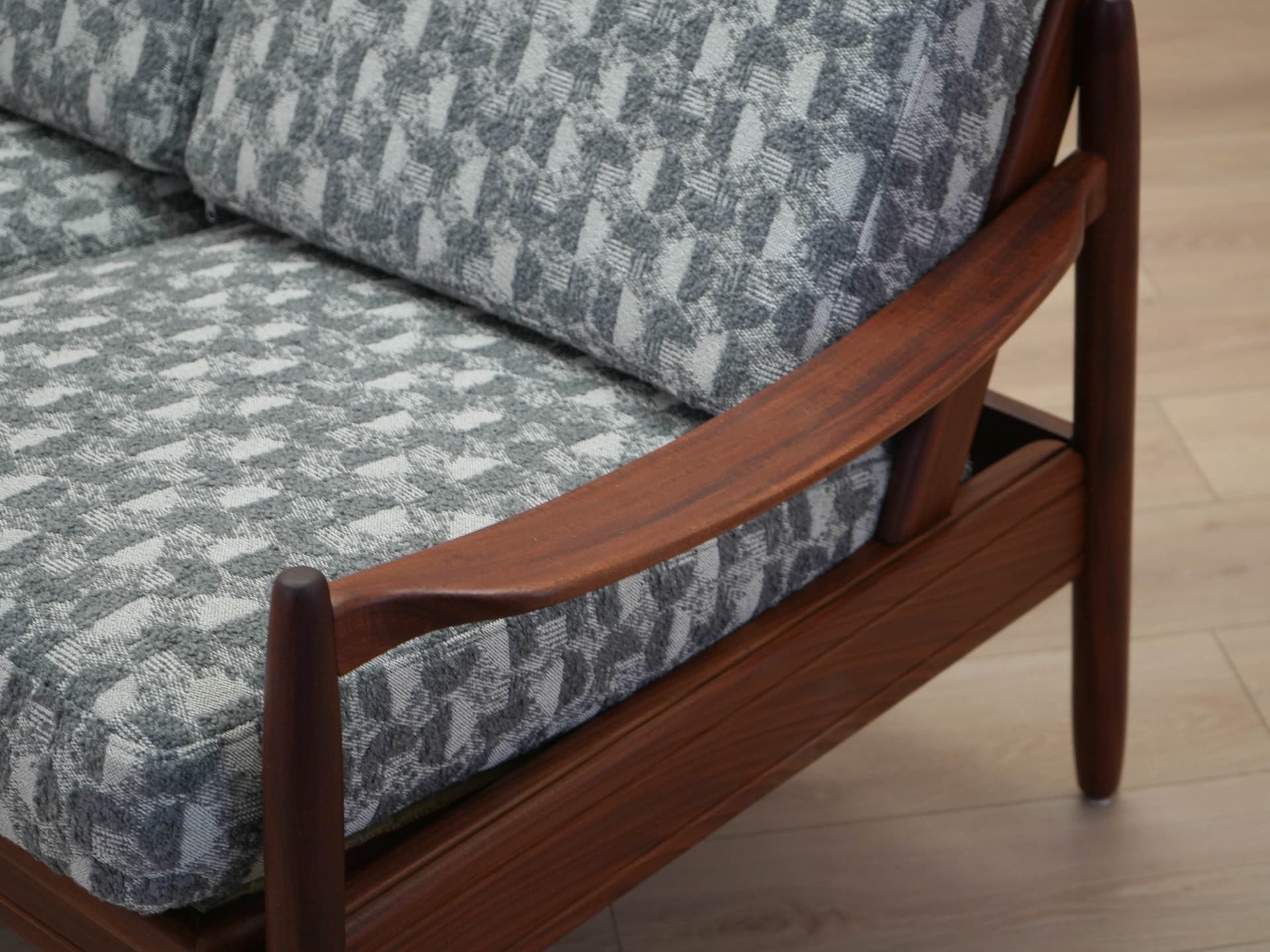 Sofa, brown teak, grey white fabric, Denmark, 1970s. - 305541