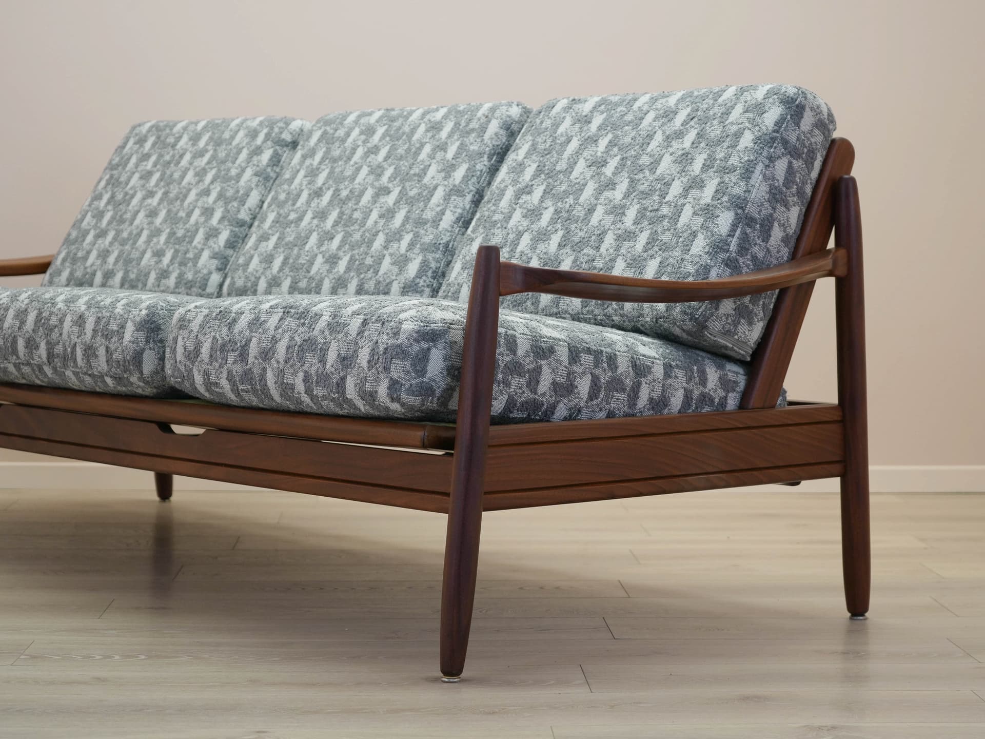 Sofa, brown teak, grey white fabric, Denmark, 1970s. - 305537