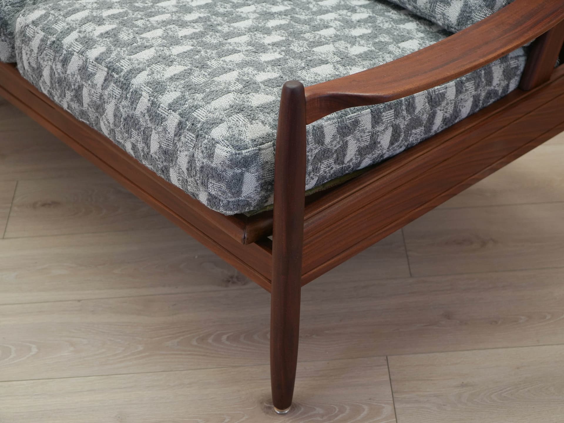 Sofa, brown teak, grey white fabric, Denmark, 1970s. - 305544