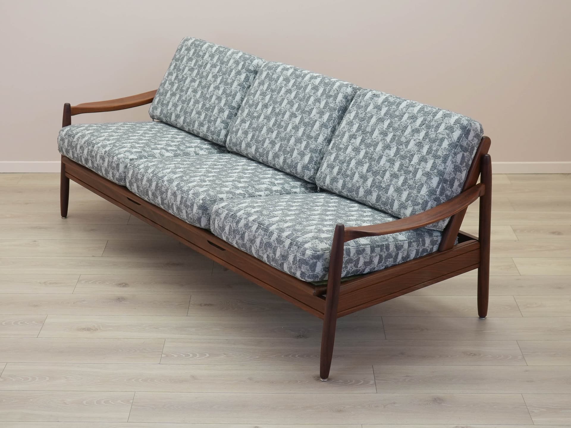 Sofa, brown teak, grey white fabric, Denmark, 1970s. - 305540