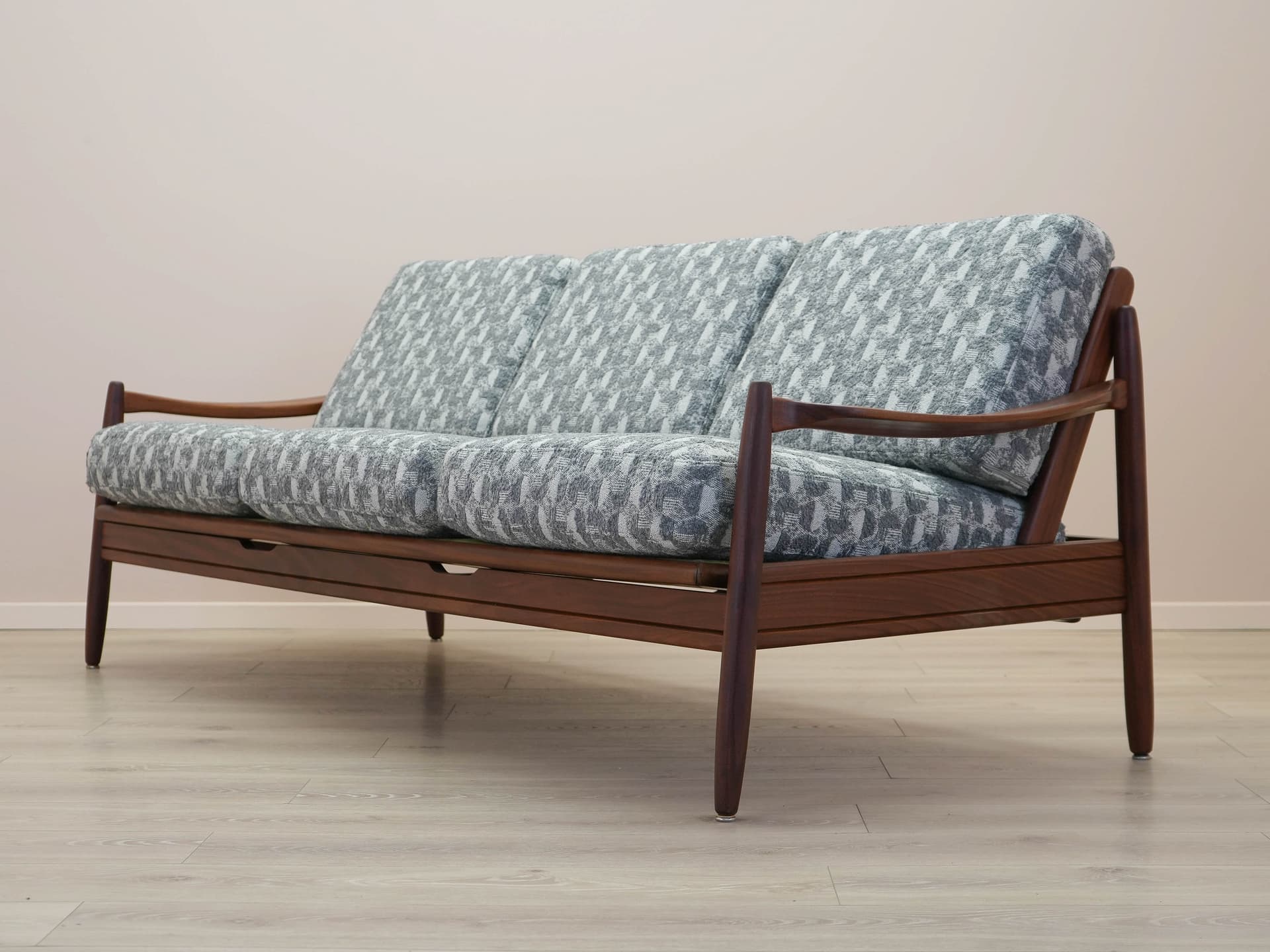Sofa, brown teak, grey white fabric, Denmark, 1970s. - 305539