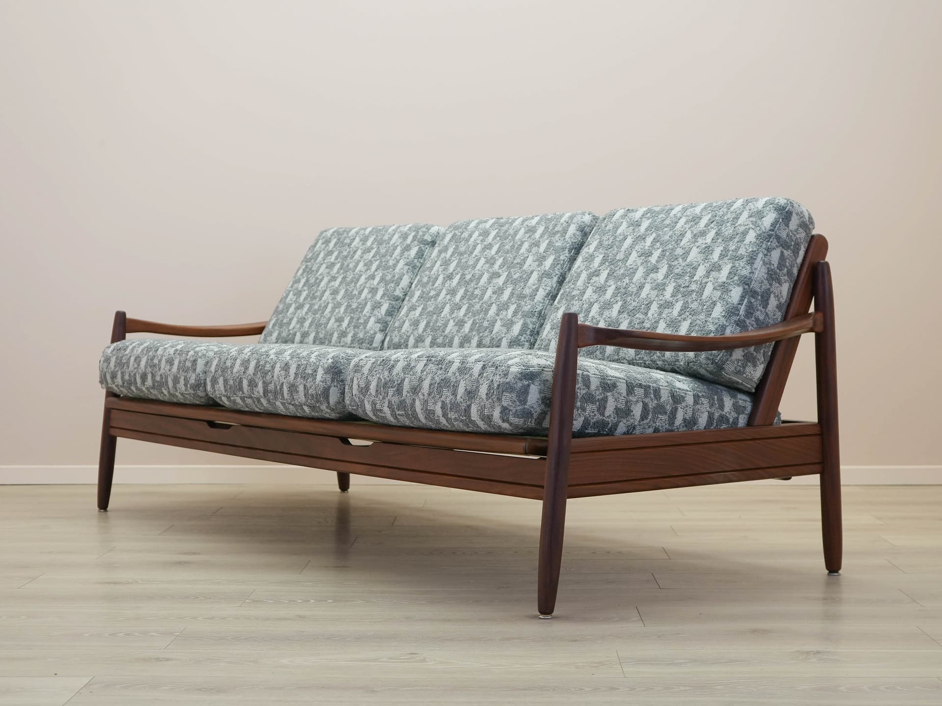 Sofa, brown teak, grey white fabric, Denmark, 1970s. - 305536