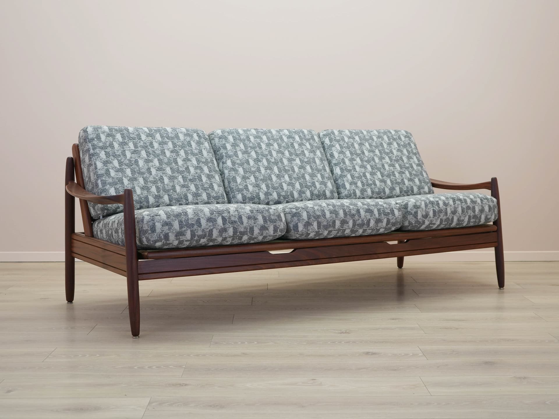 Sofa, brown teak, grey white fabric, Denmark, 1970s. - 305535