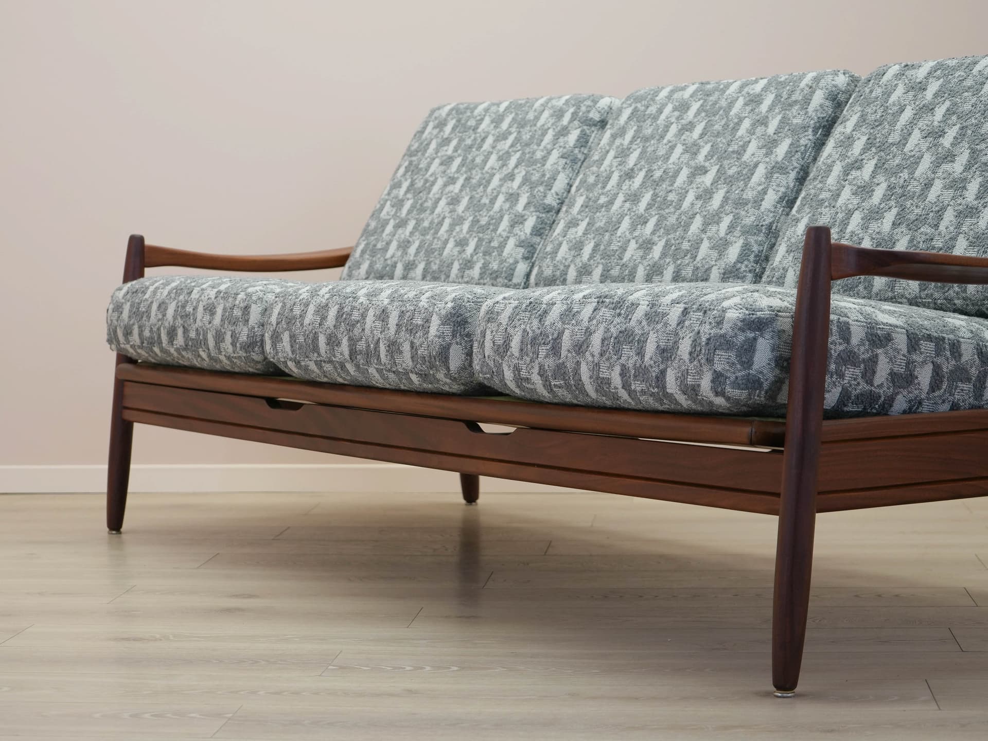 Sofa, brown teak, grey white fabric, Denmark, 1970s. - 305538