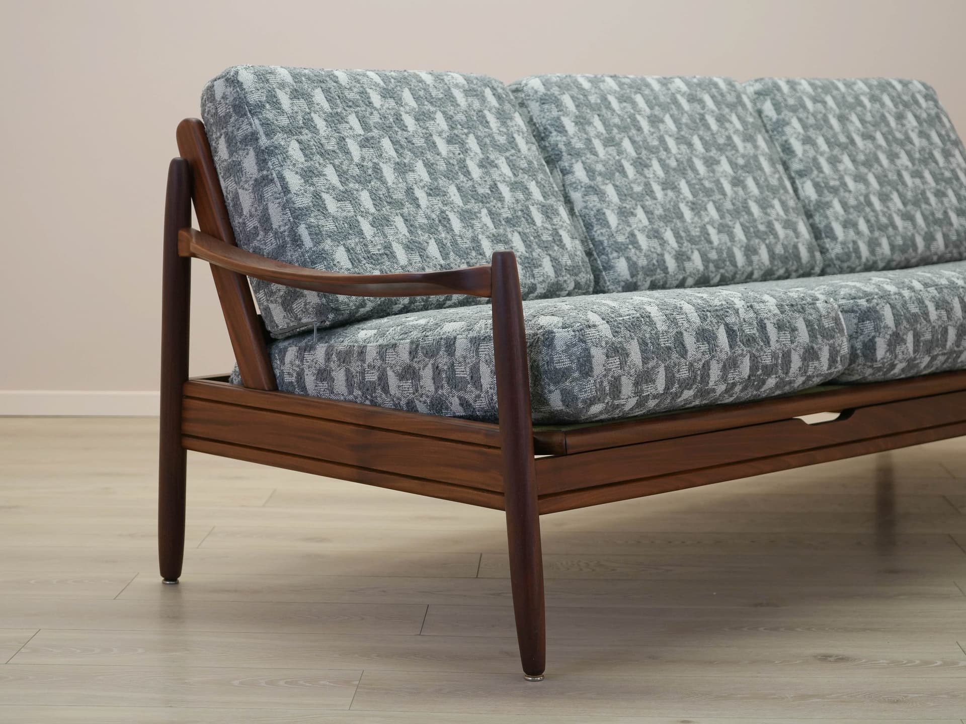 Sofa, brown teak, grey white fabric, Denmark, 1970s. - 305543