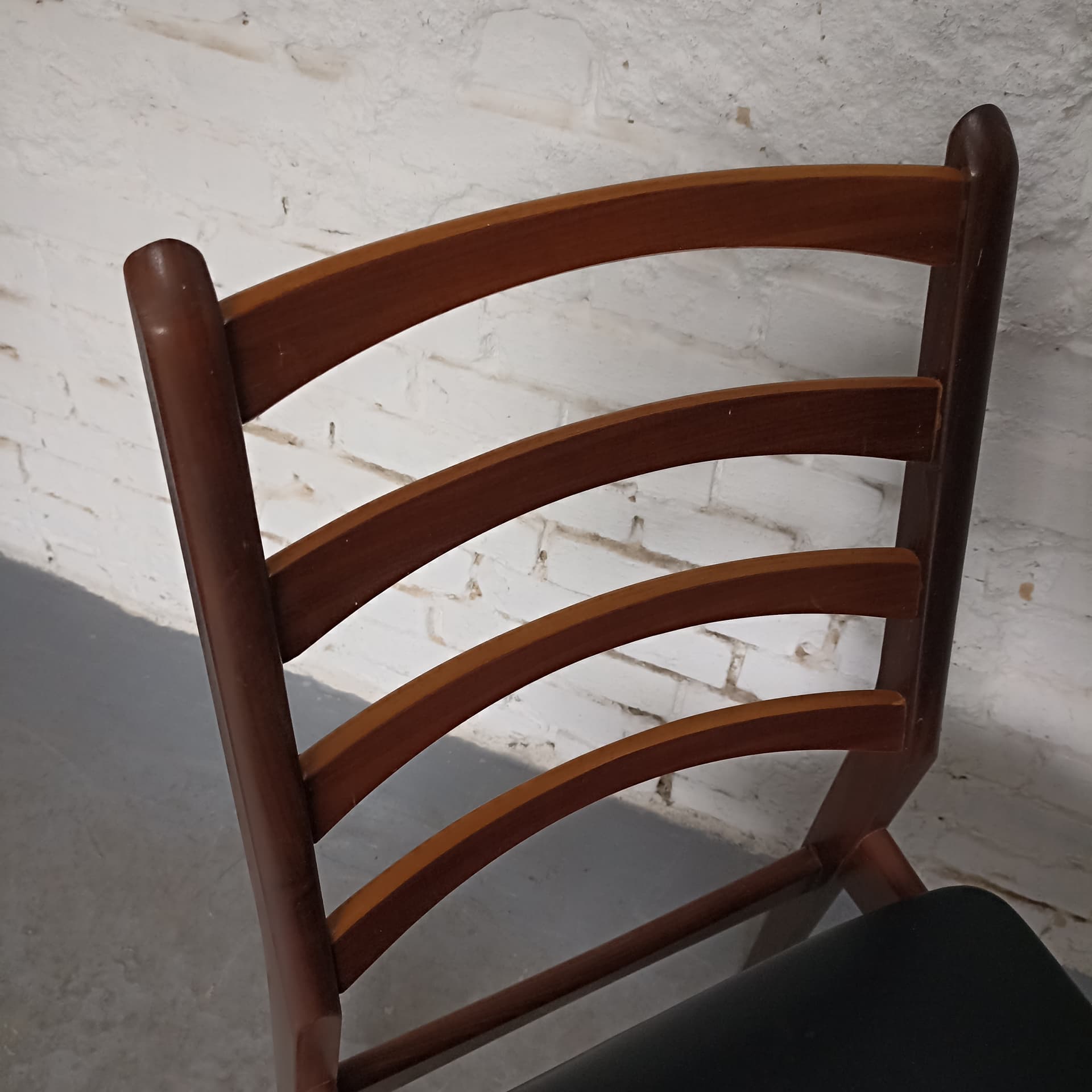 Chair, brown wood, black faux leather, Germany, 1970s. - 305633