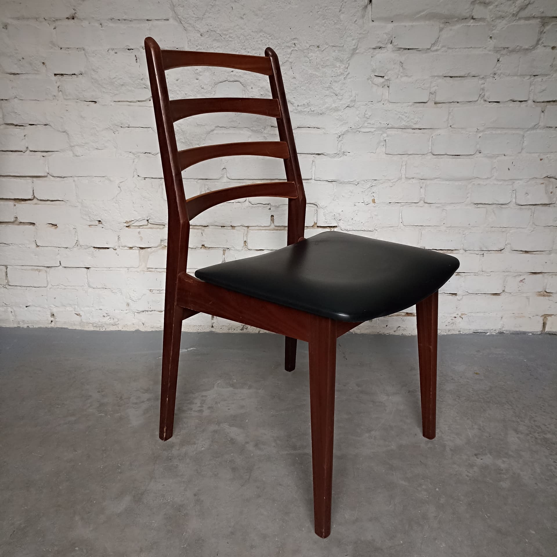 Chair, brown wood, black faux leather, Germany, 1970s. - 305630