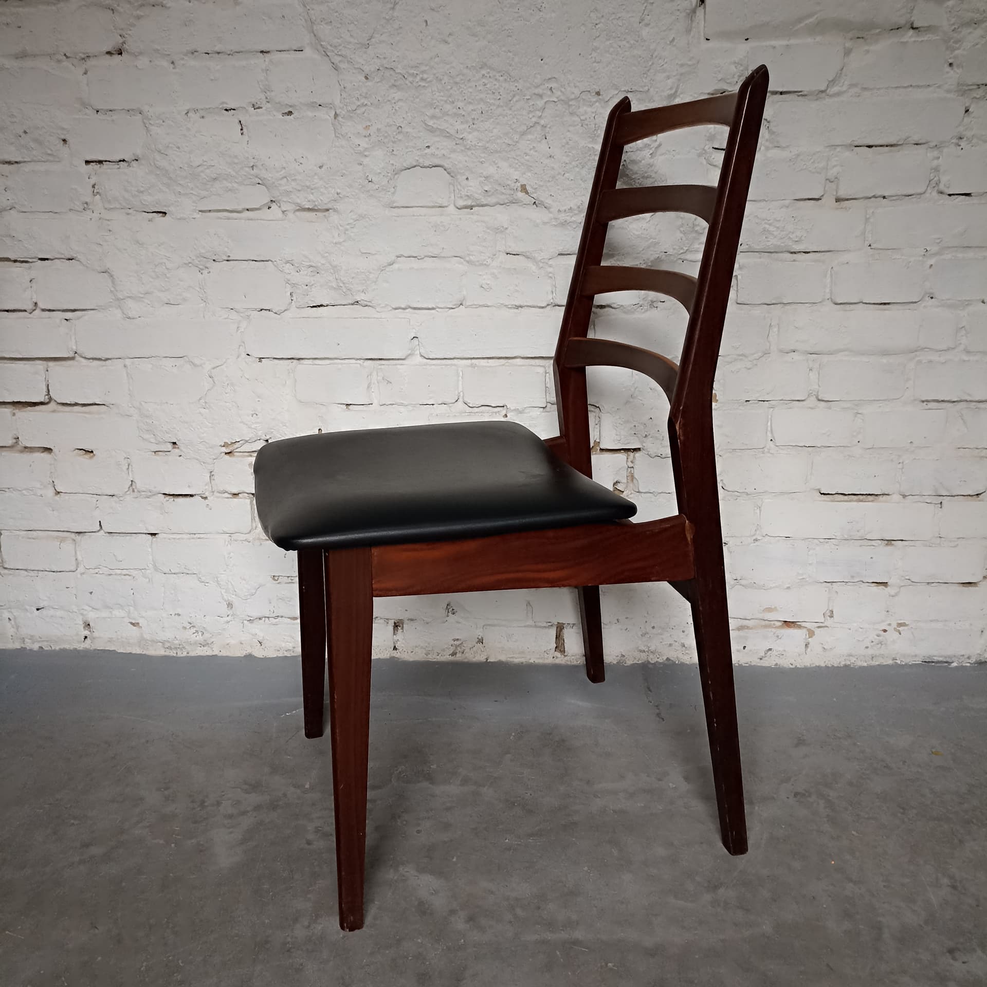 Chair, brown wood, black faux leather, Germany, 1970s. - 305632
