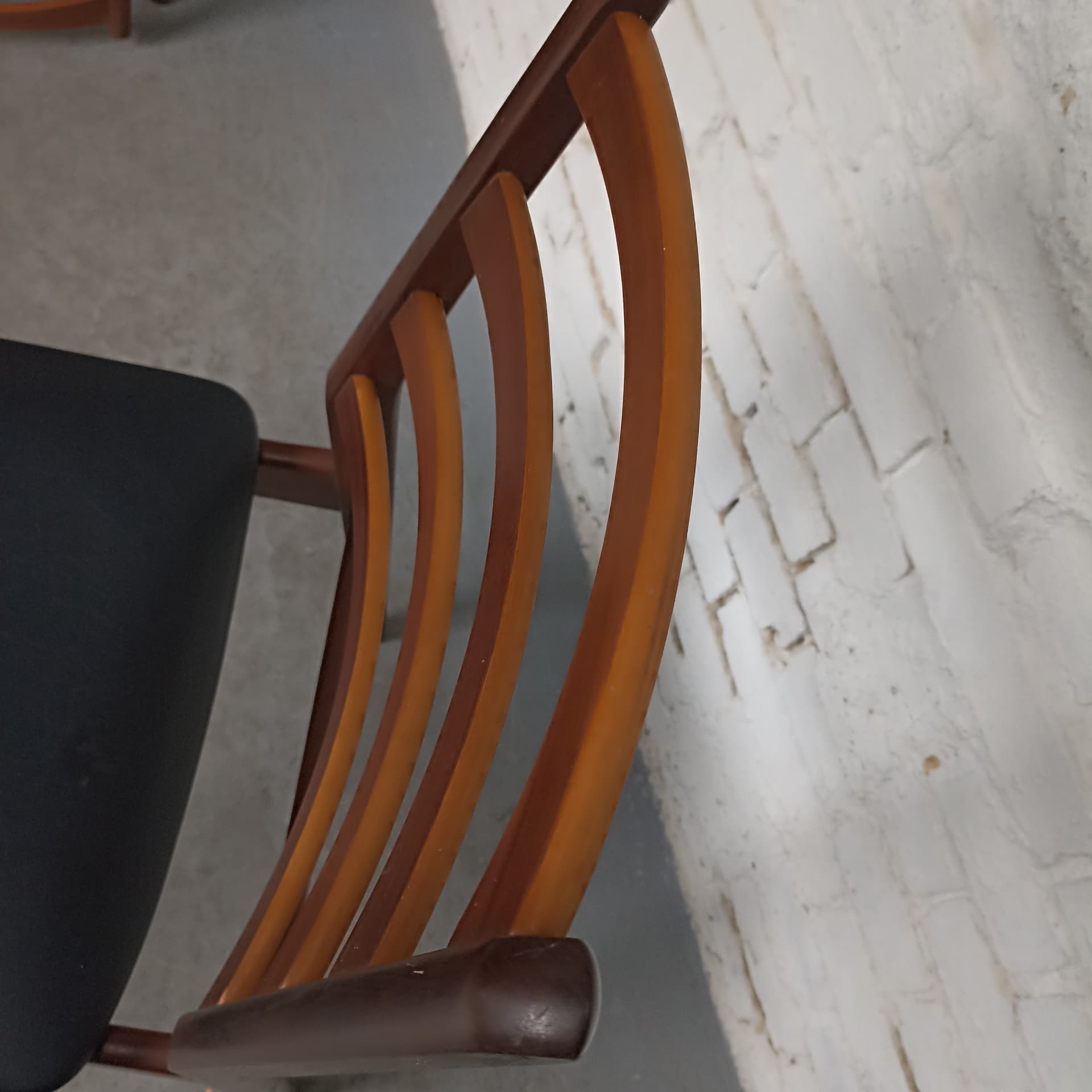 Chair, brown wood, black faux leather, Germany, 1970s. - 305634