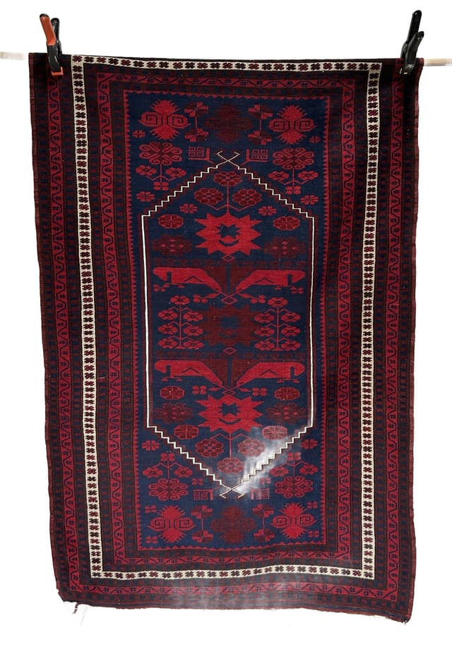 Oriental rug 112x180 cm, blue red wool, 1970s. - DIMENSION