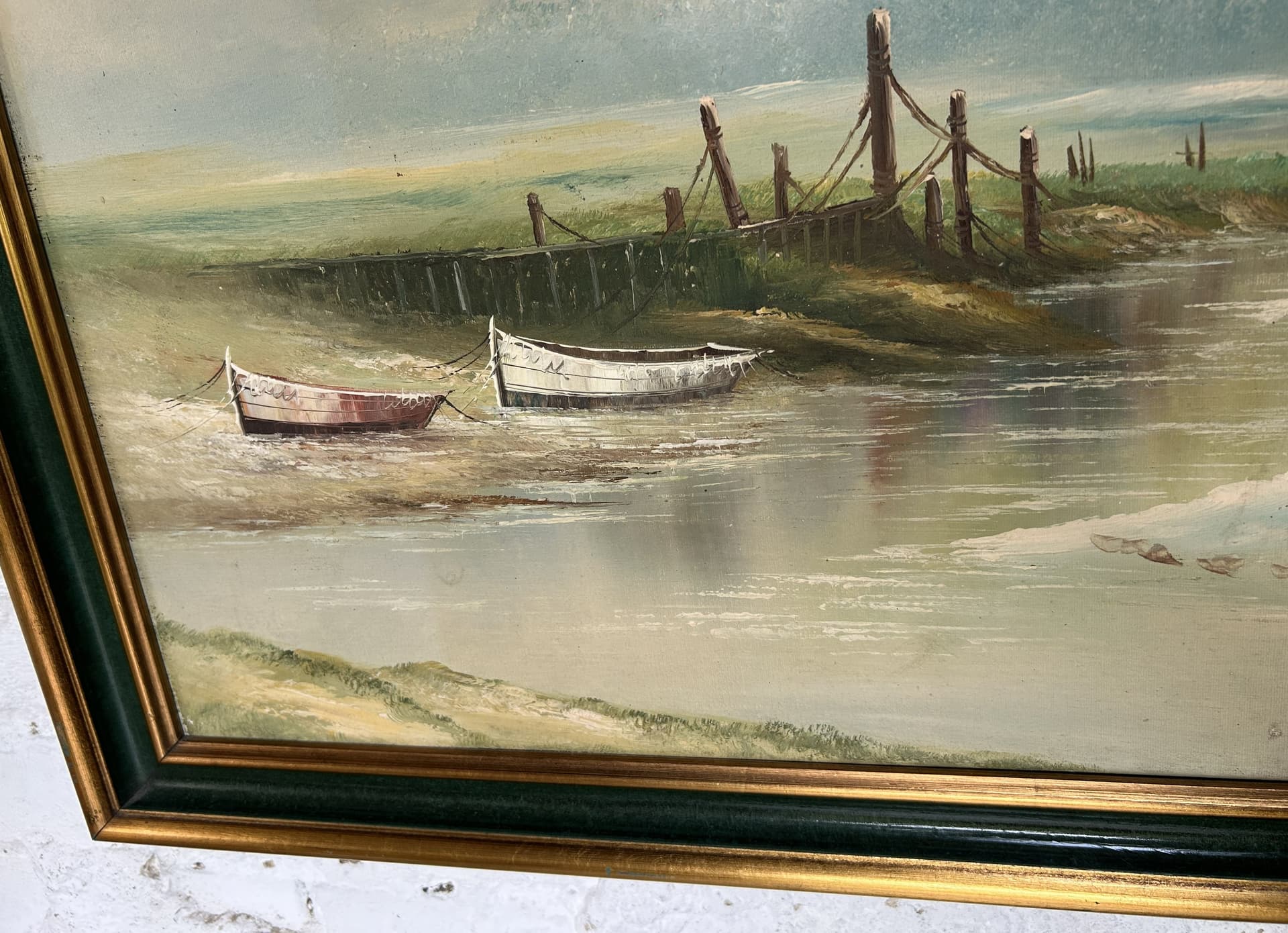 Obraz pejzażowy 70x100 cm, olej na płótnie, rama drewniana złoto-zielona, Europa, początek XX w. - 305665