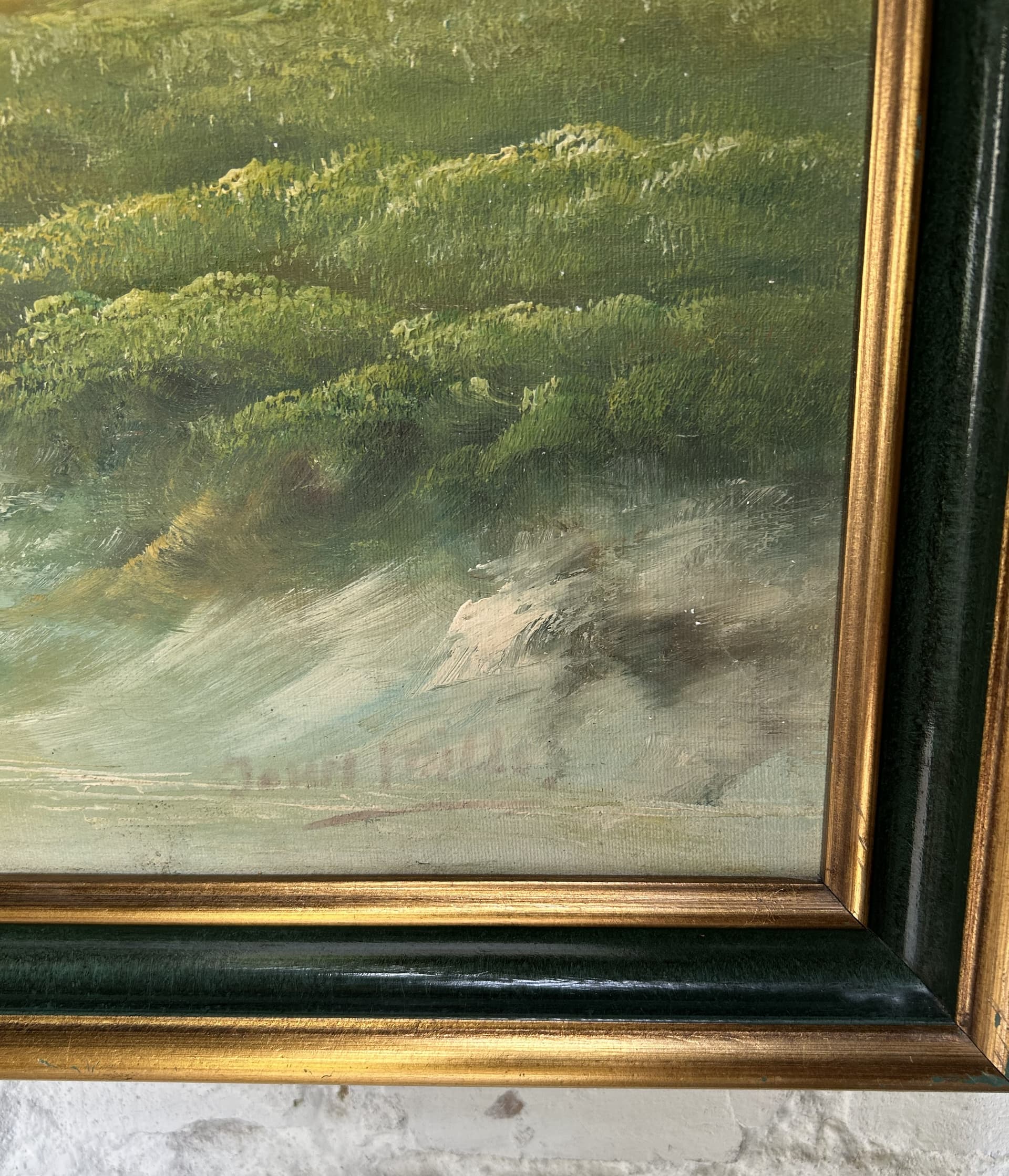 Obraz pejzażowy 70x100 cm, olej na płótnie, rama drewniana złoto-zielona, Europa, początek XX w. - 305668