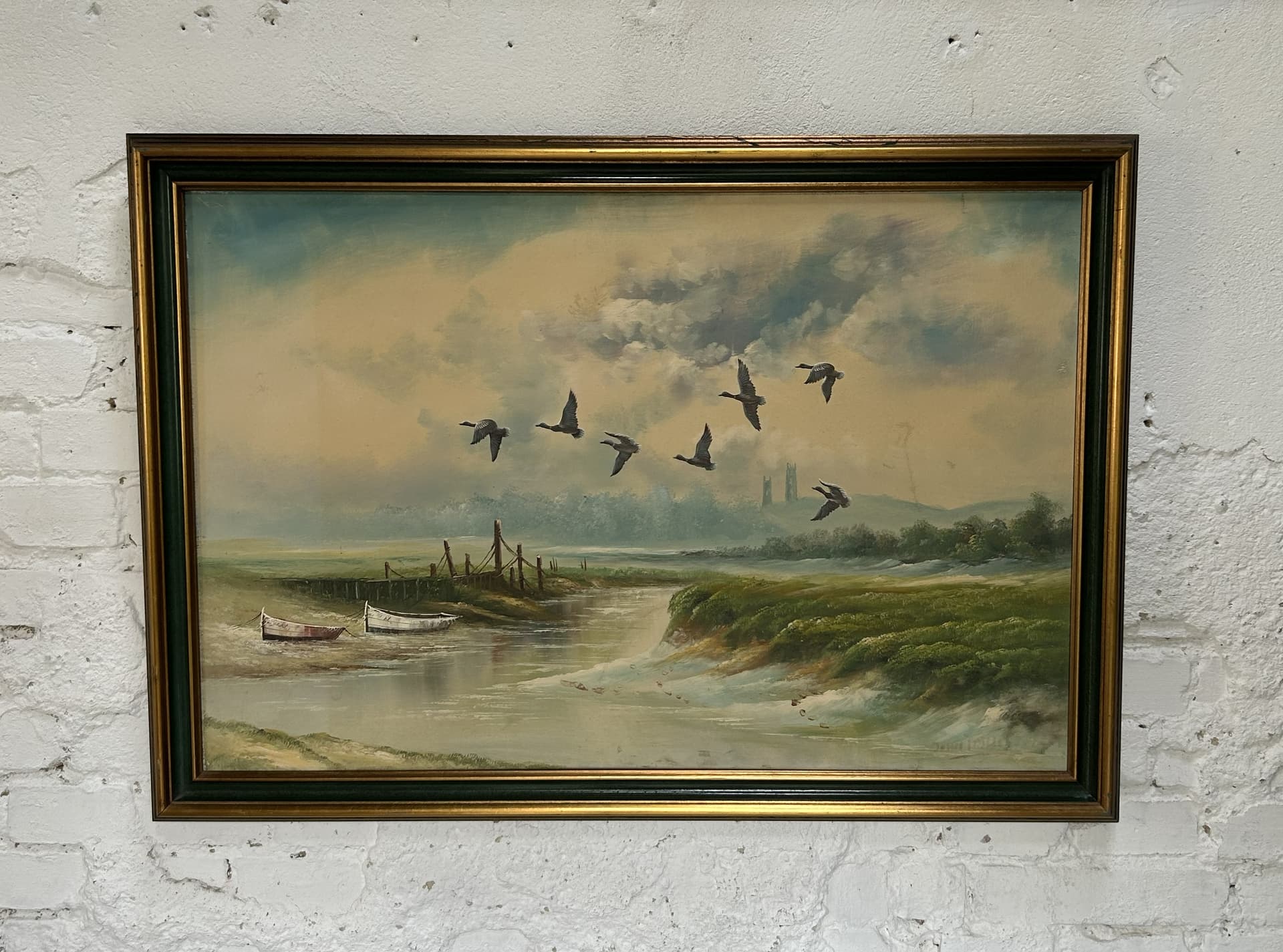 Obraz pejzażowy 70x100 cm, olej na płótnie, rama drewniana złoto-zielona, Europa, początek XX w. - 305663