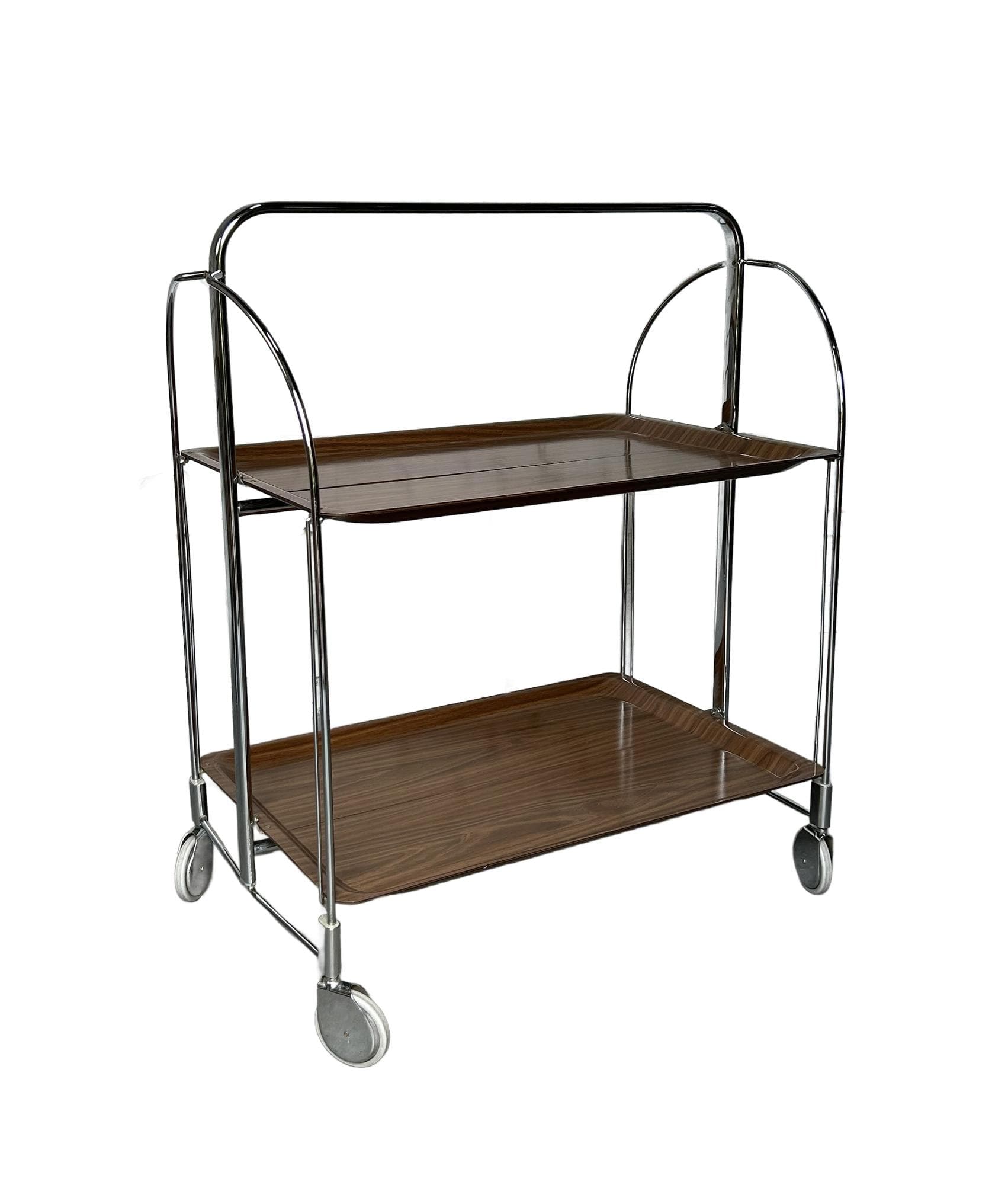 Folding bar cart, Bauhaus, brown plywood, chromed steel, 1970s.
