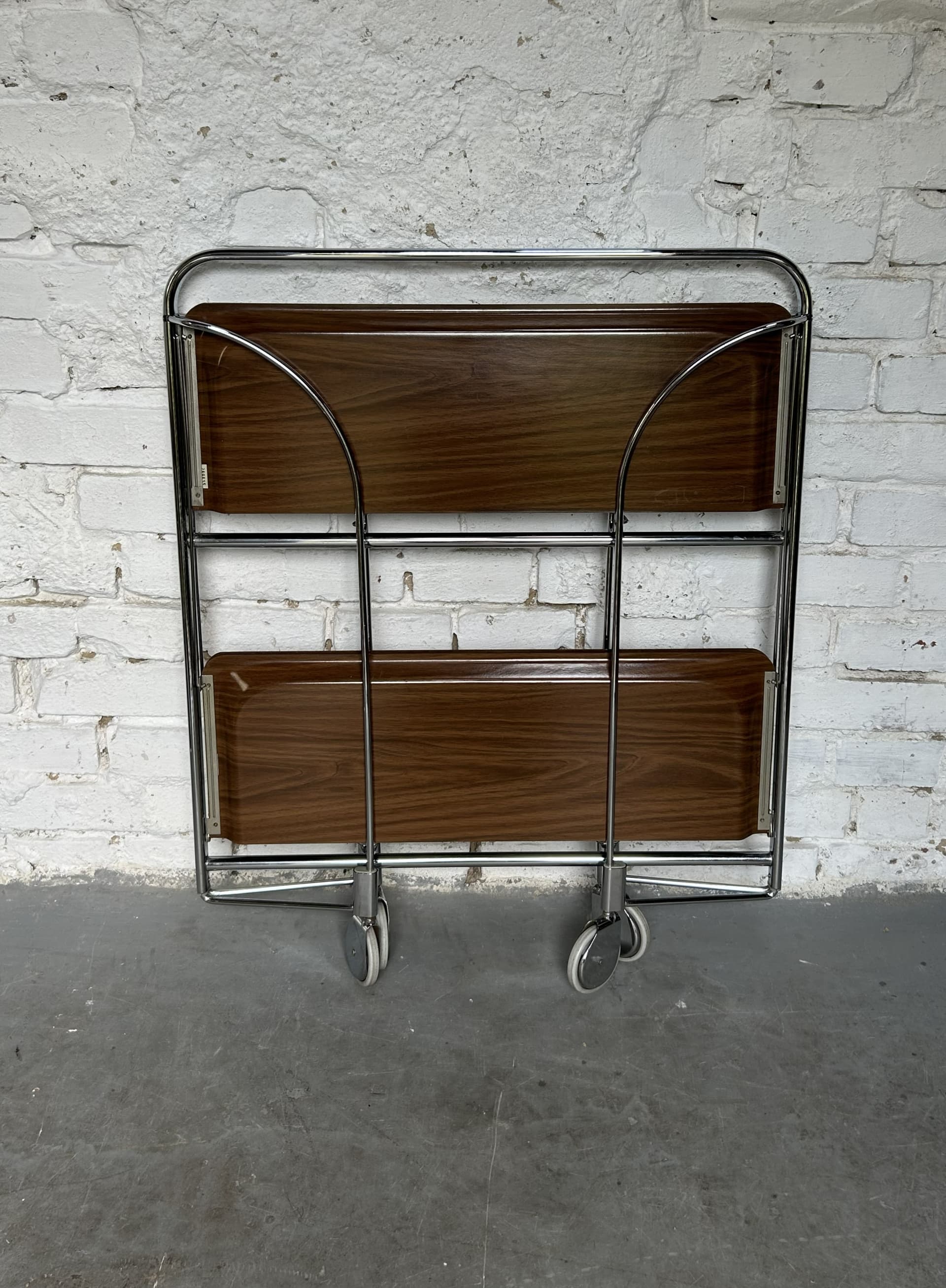 Folding bar cart, Bauhaus, brown plywood, chromed steel, 1970s. - 305674