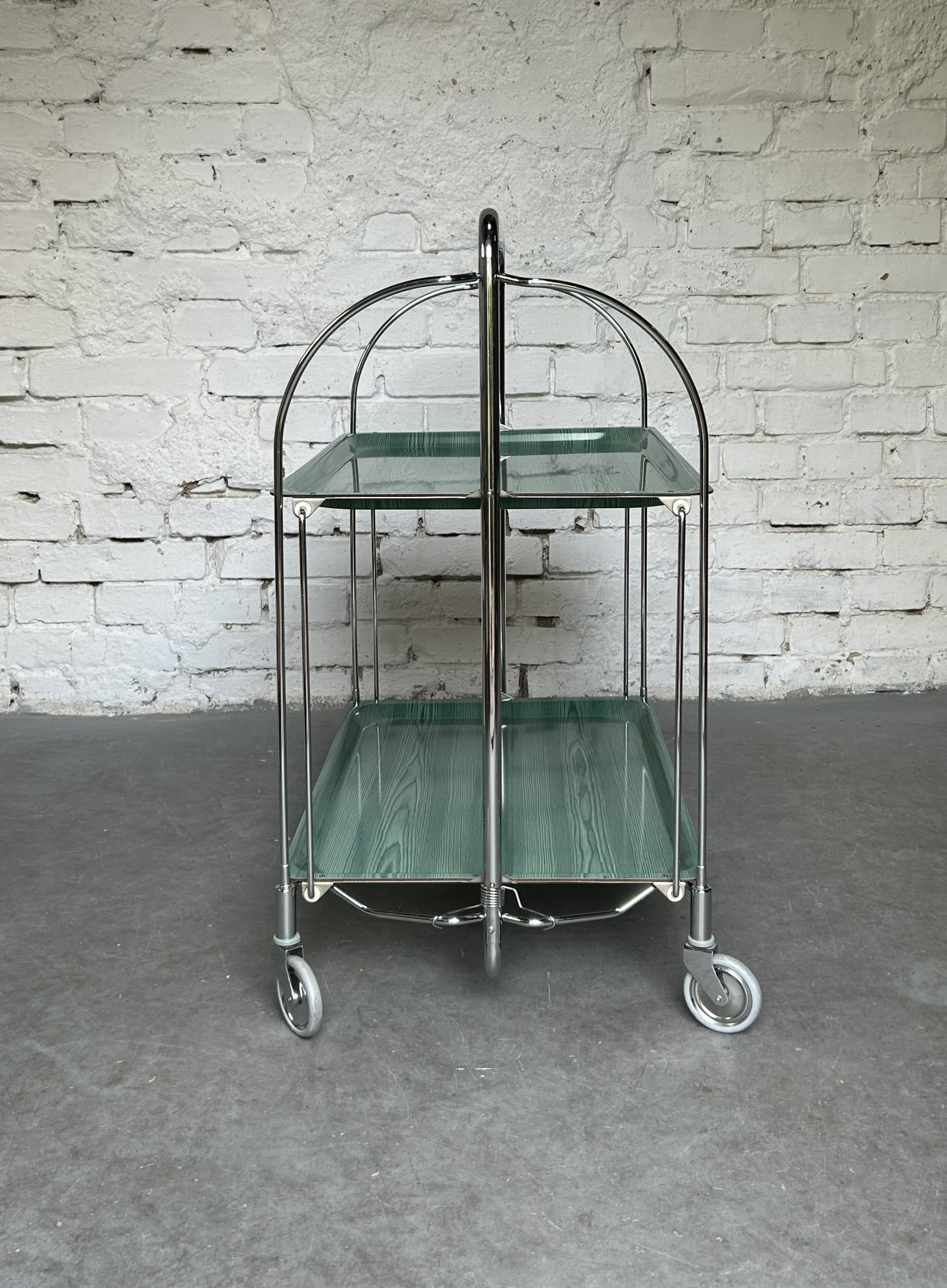Folding Bar Cart Bauhaus, green plywood, chrome, 1980s. - 305679