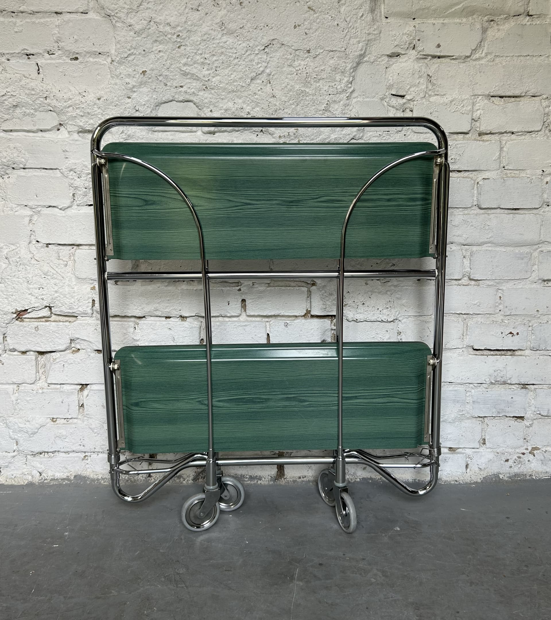 Folding Bar Cart Bauhaus, green plywood, chrome, 1980s. - 305682